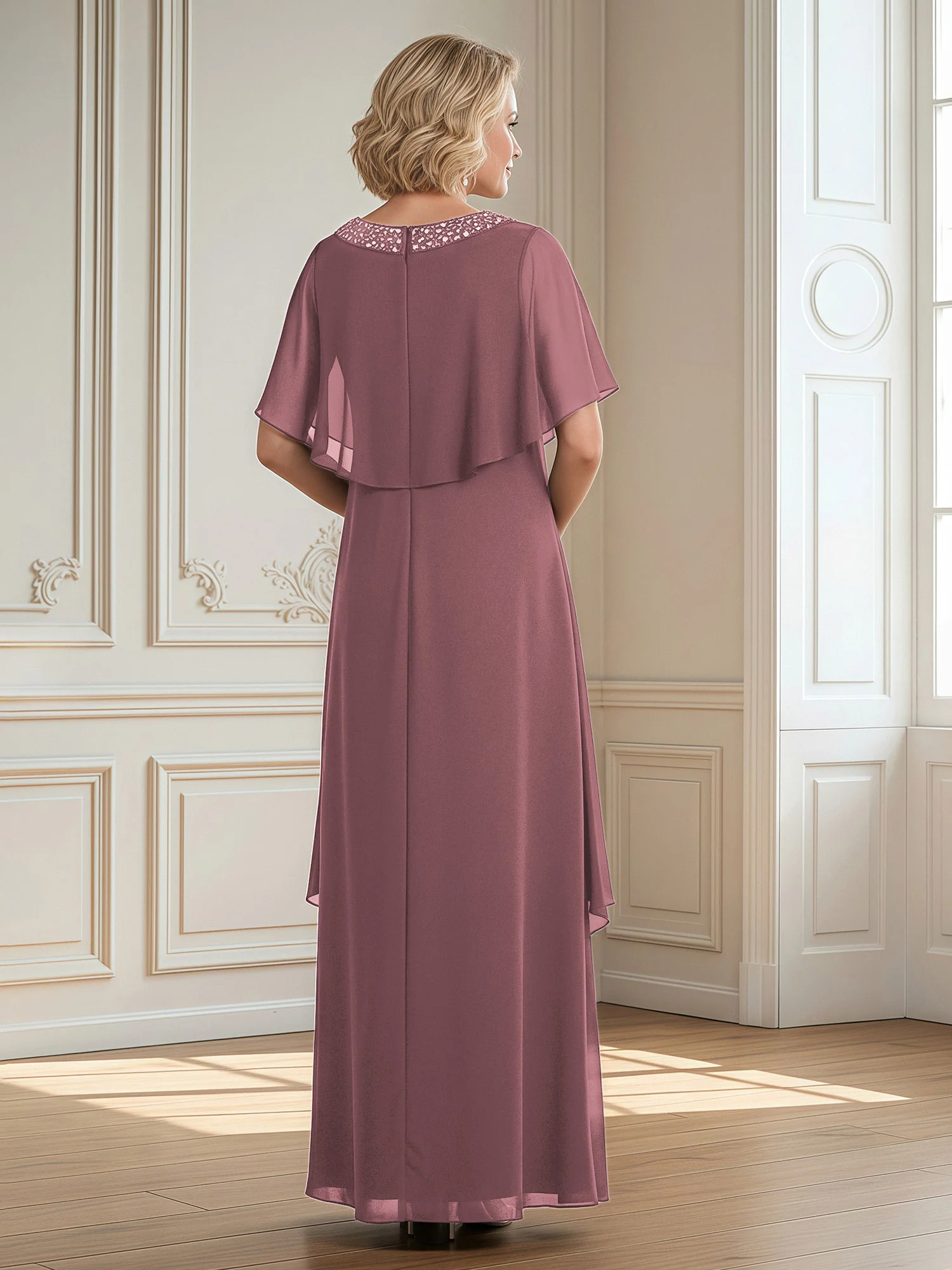 A-Line Beaded Scoop Floor-length Chiffon Dress Vintage Mauve - Image 2
