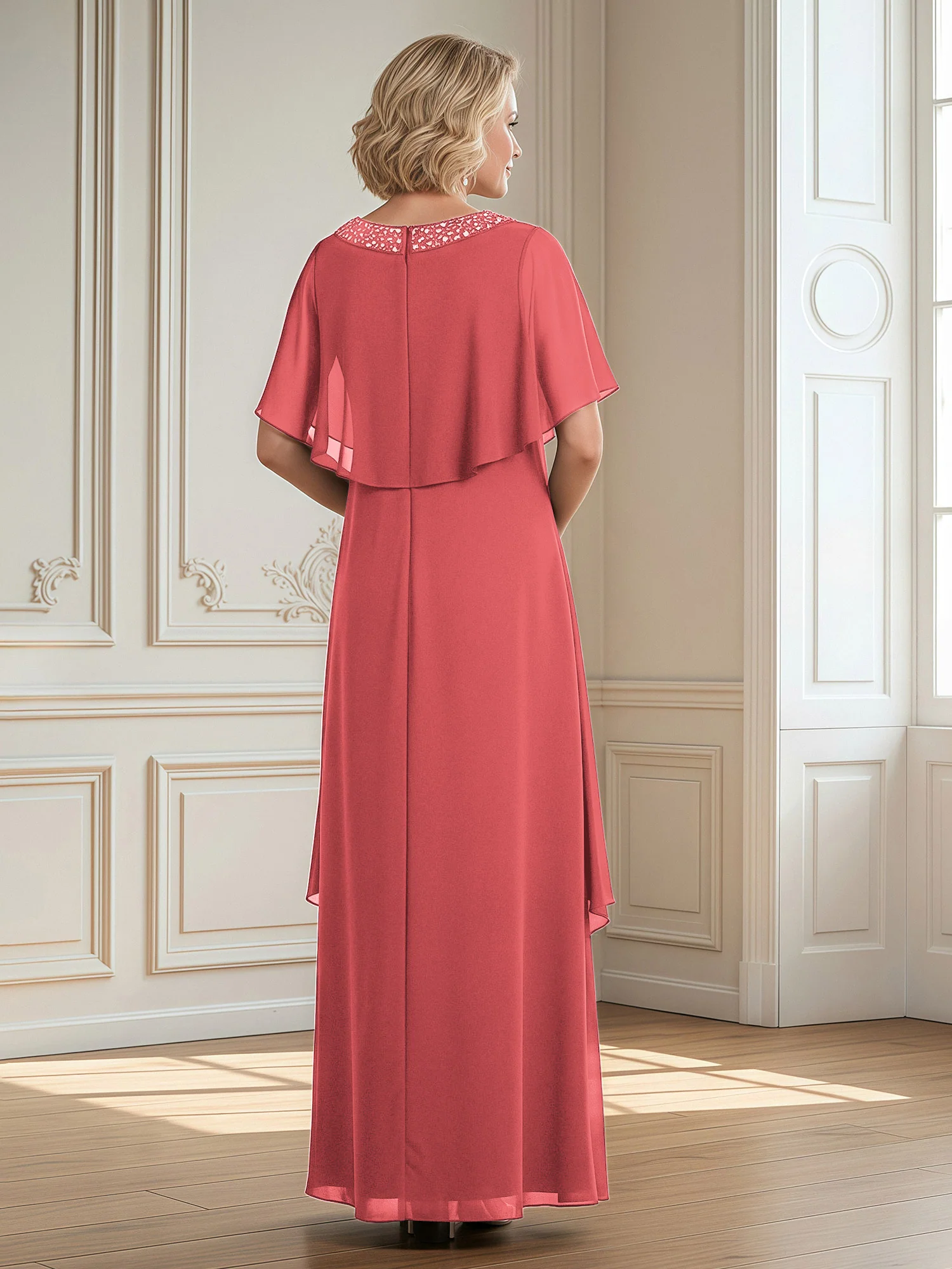 A-Line Beaded Scoop Floor-length Chiffon Dress Watermelon - Image 2