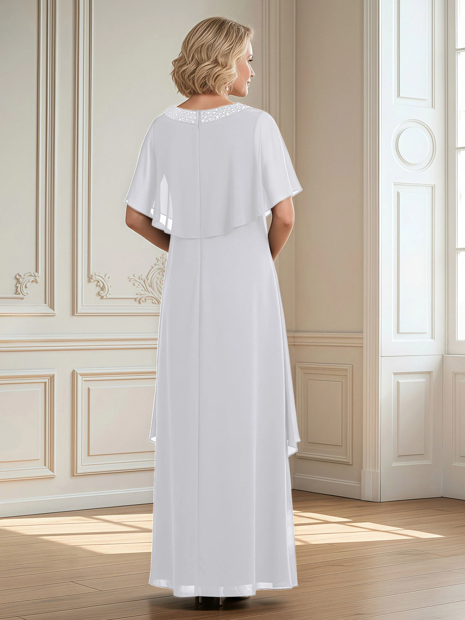 A-Line Beaded Scoop Floor-length Chiffon Dress White - Image 2
