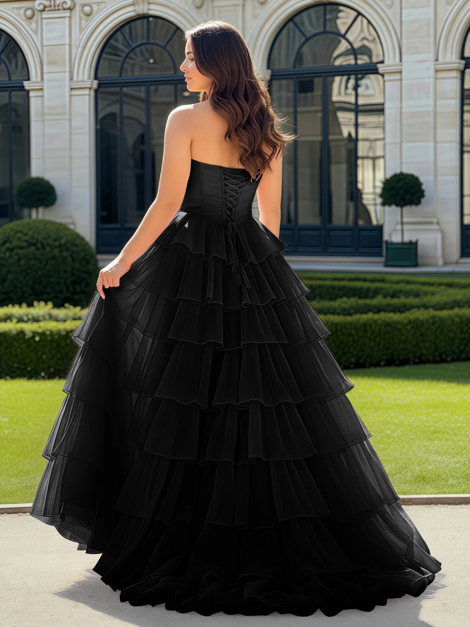 A-Line Beaded Sweetheart Neck Tiered Chiffon Dress Black - Image 2