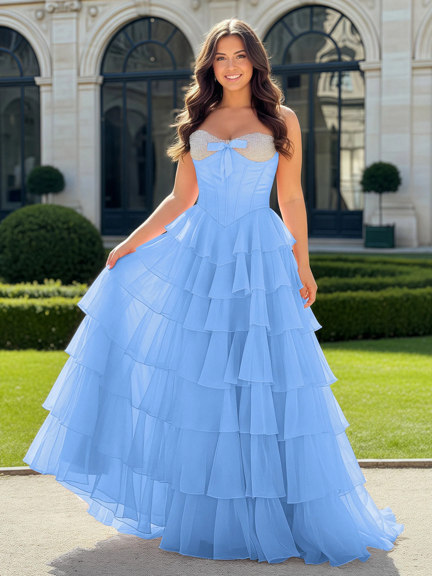 A-Line Beaded Sweetheart Neck Tiered Chiffon Dress Blue