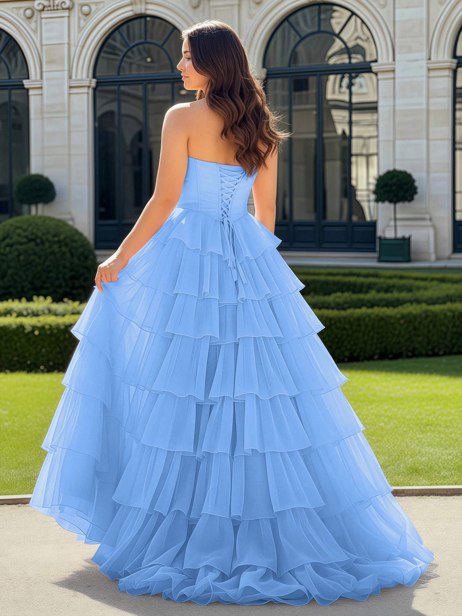 A-Line Beaded Sweetheart Neck Tiered Chiffon Dress Blue - Image 2