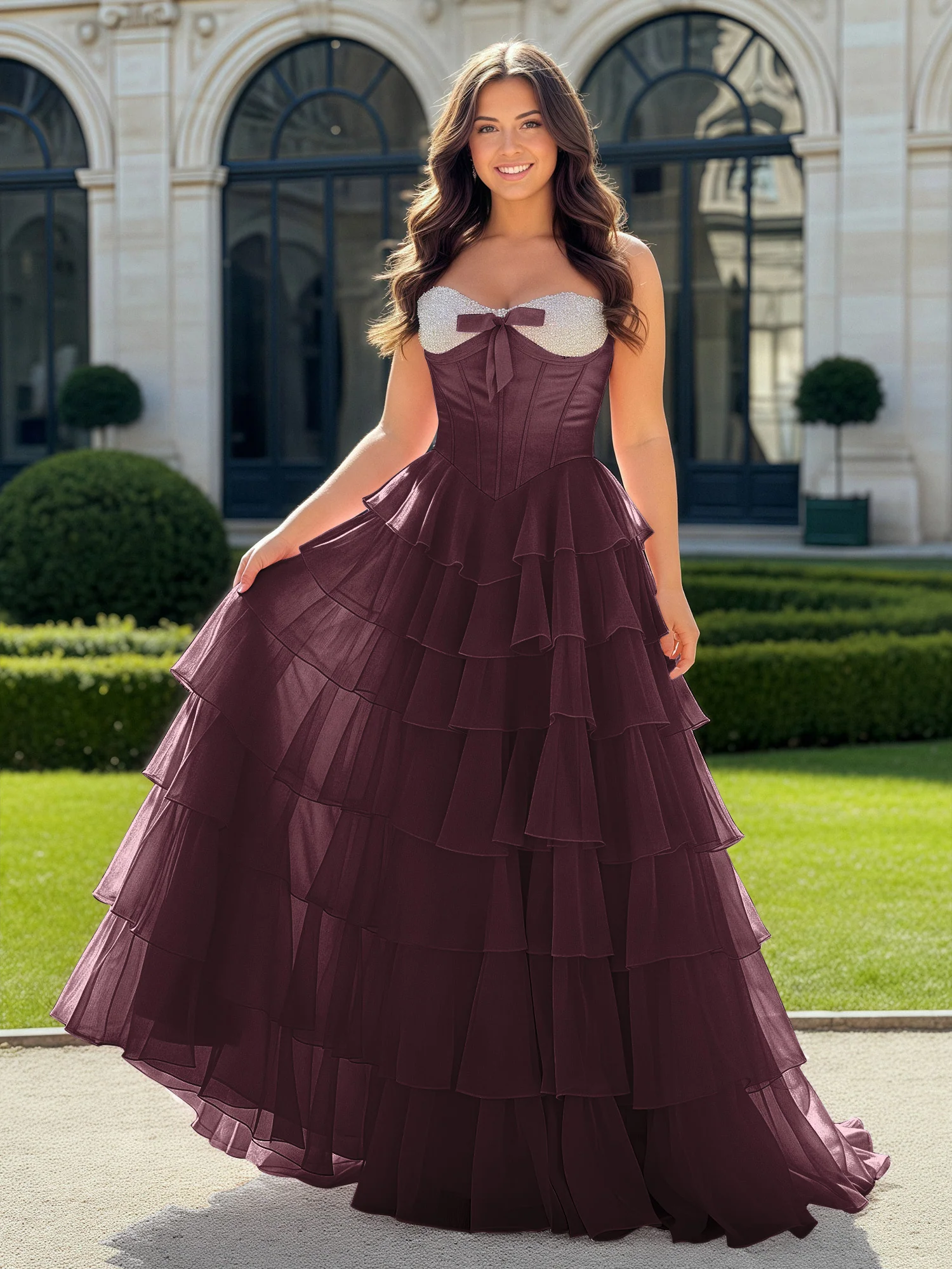 A-Line Beaded Sweetheart Neck Tiered Chiffon Dress Cabernet