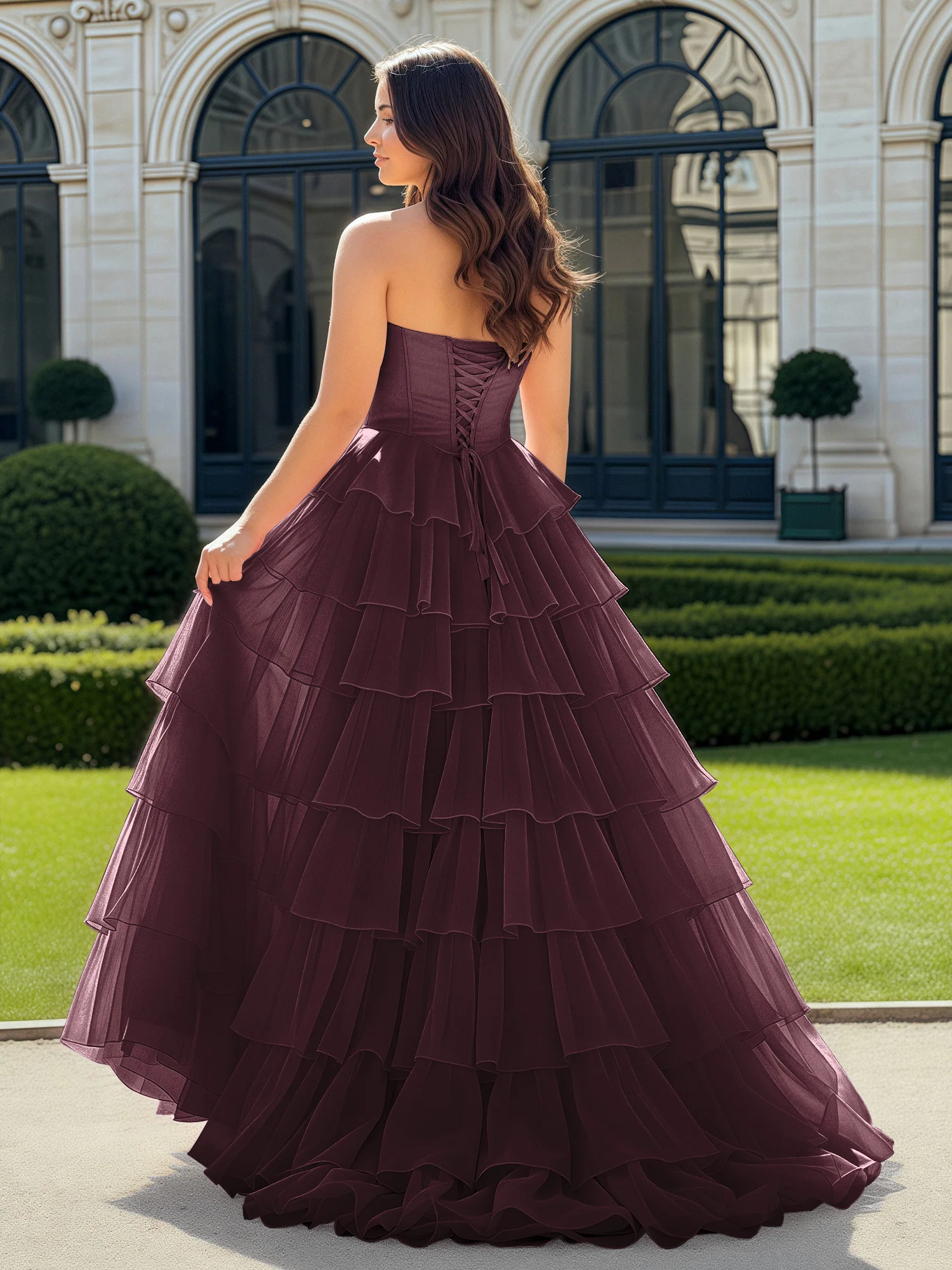 A-Line Beaded Sweetheart Neck Tiered Chiffon Dress Cabernet - Image 2
