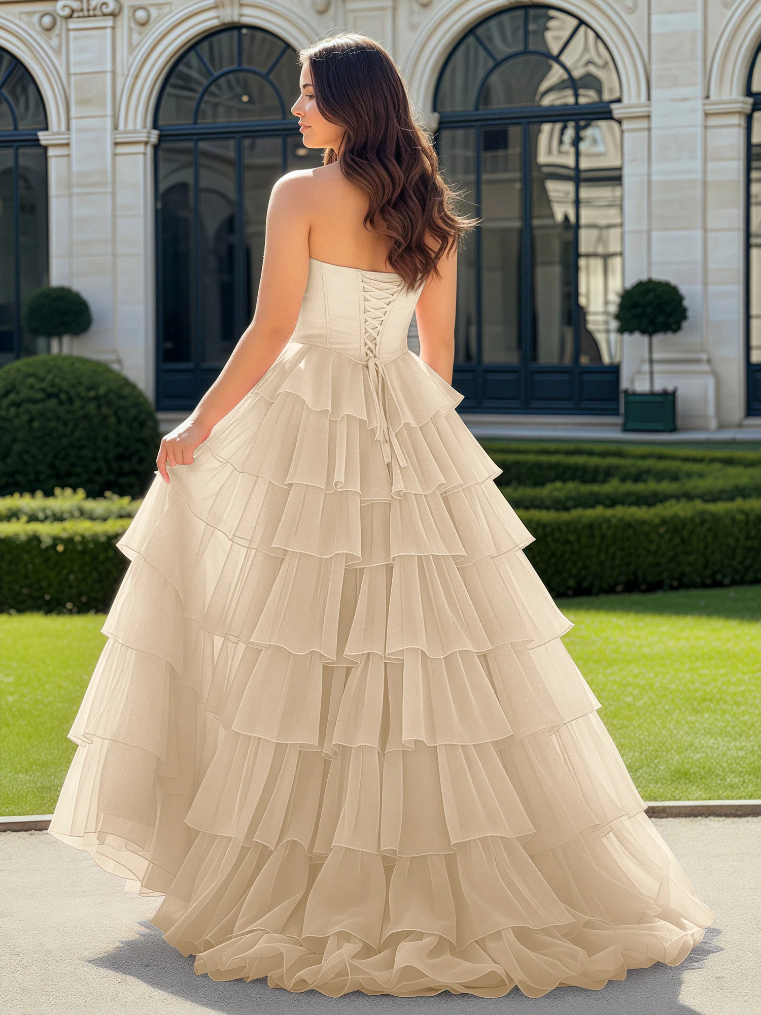 A-Line Beaded Sweetheart Neck Tiered Chiffon Dress Champagne - Image 2