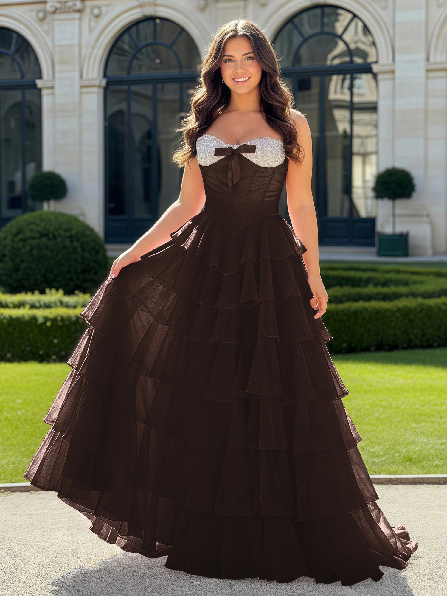 A-Line Beaded Sweetheart Neck Tiered Chiffon Dress Chocolate