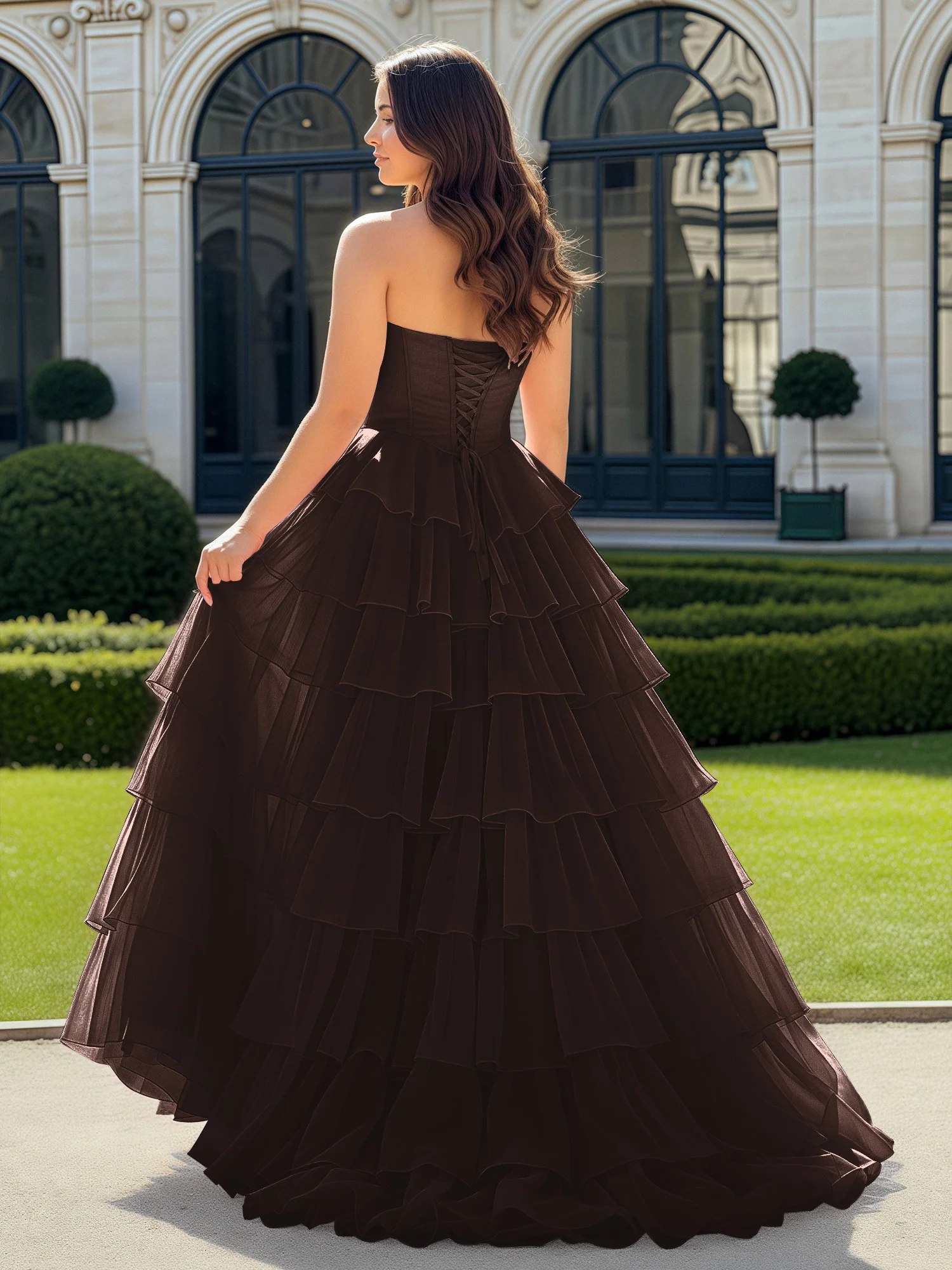 A-Line Beaded Sweetheart Neck Tiered Chiffon Dress Chocolate - Image 2