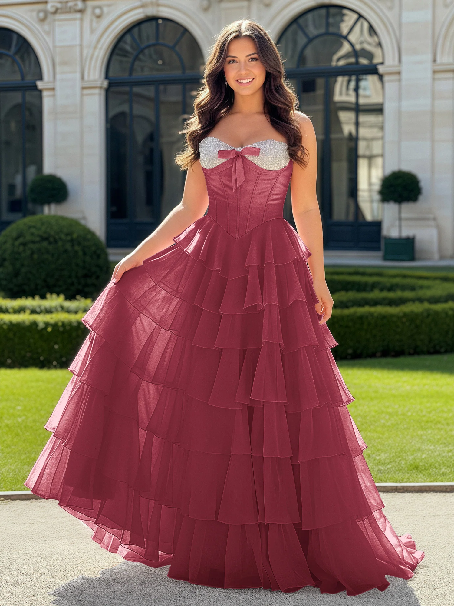 A-Line Beaded Sweetheart Neck Tiered Chiffon Dress Cinnamon Rose
