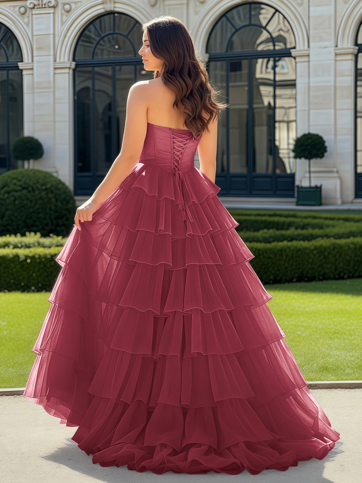 A-Line Beaded Sweetheart Neck Tiered Chiffon Dress Cinnamon Rose - Image 2