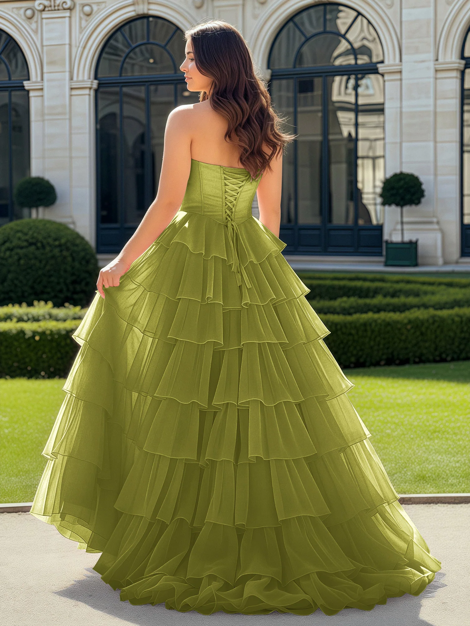 A-Line Beaded Sweetheart Neck Tiered Chiffon Dress Clover - Image 2