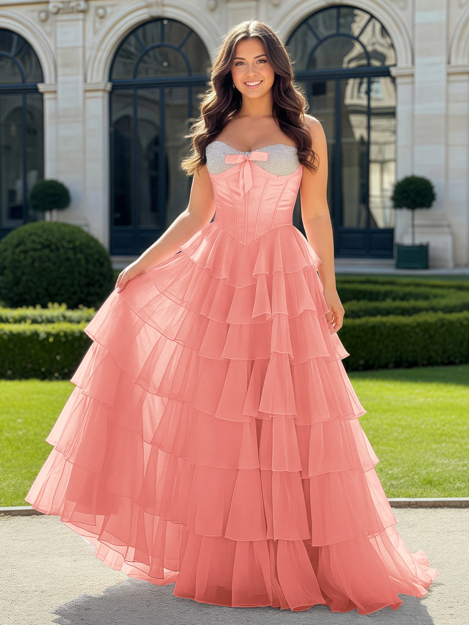 A-Line Beaded Sweetheart Neck Tiered Chiffon Dress Coral