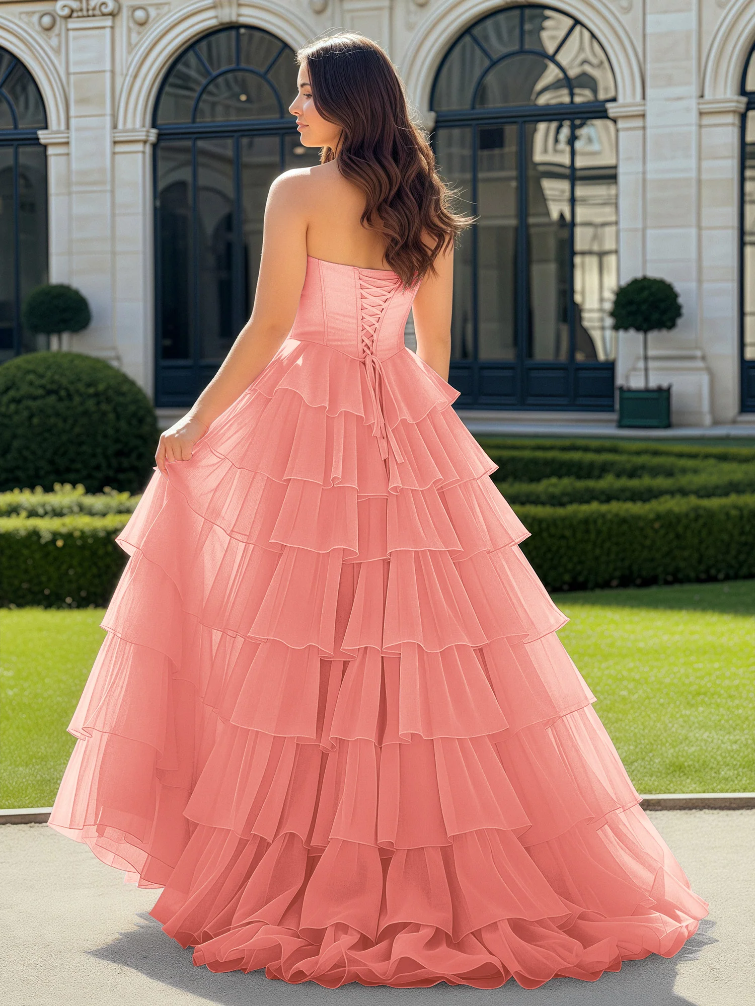 A-Line Beaded Sweetheart Neck Tiered Chiffon Dress Coral - Image 2