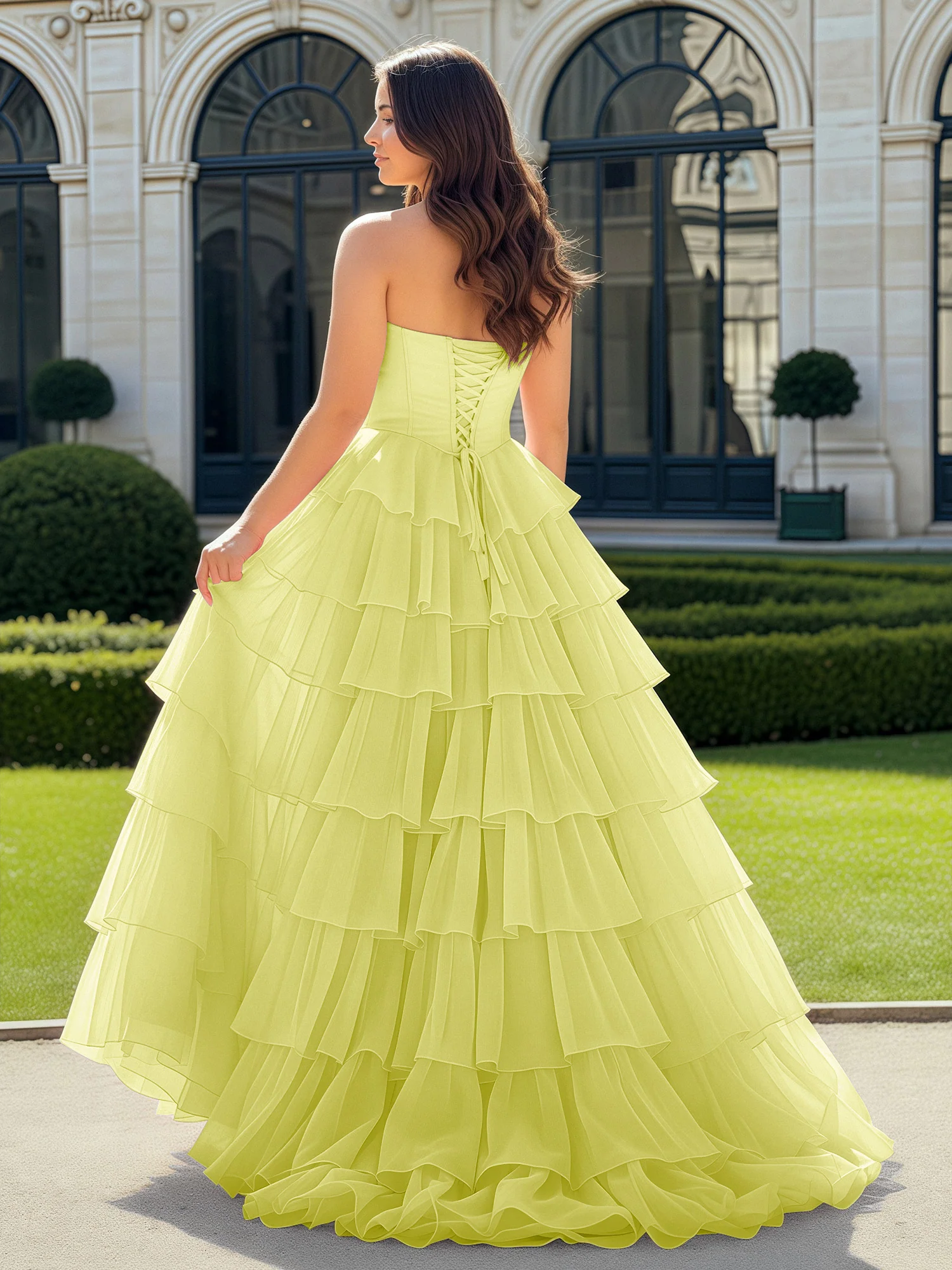 A-Line Beaded Sweetheart Neck Tiered Chiffon Dress Daffodil - Image 2