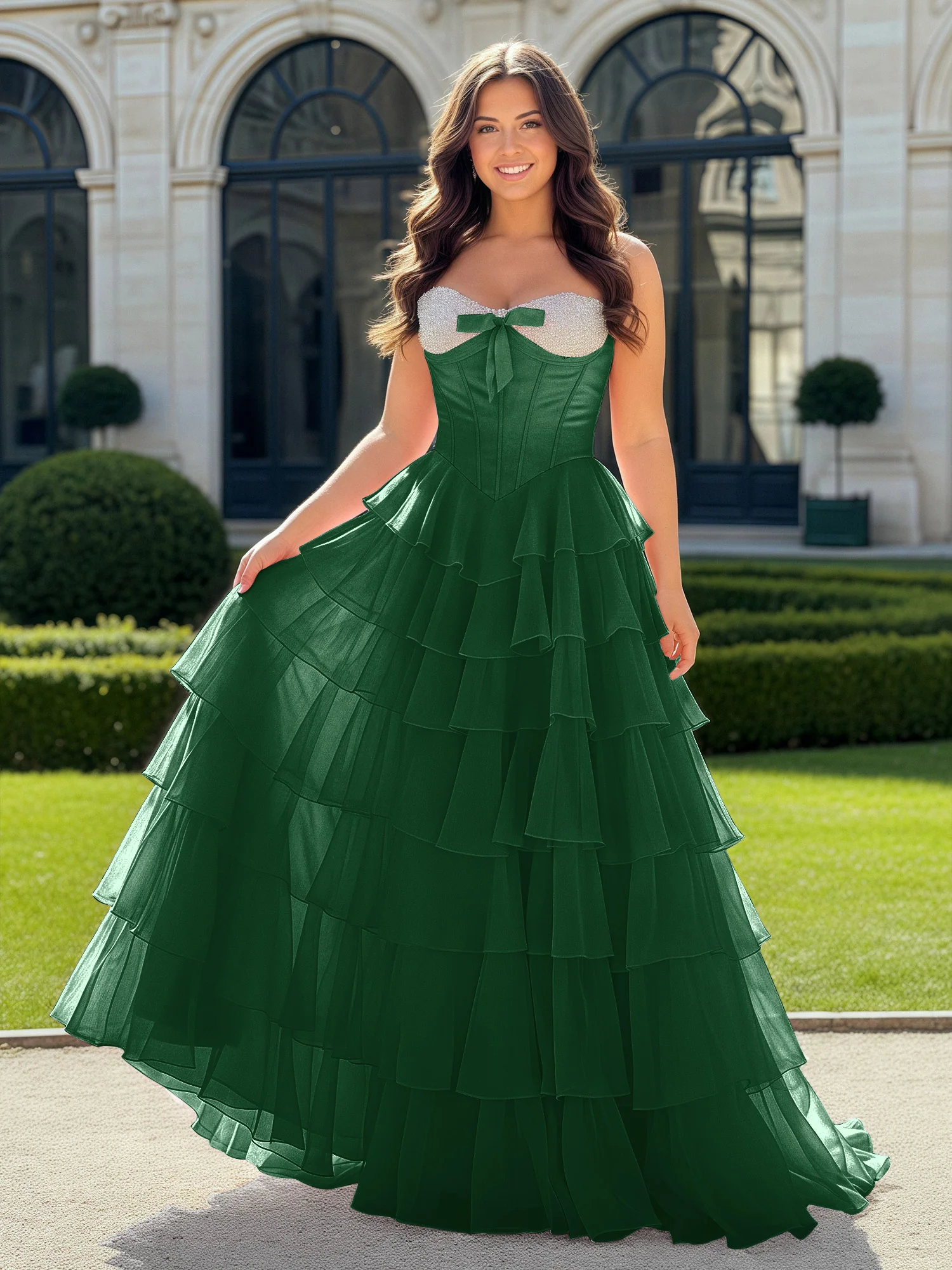 A-Line Beaded Sweetheart Neck Tiered Chiffon Dress Dark Green