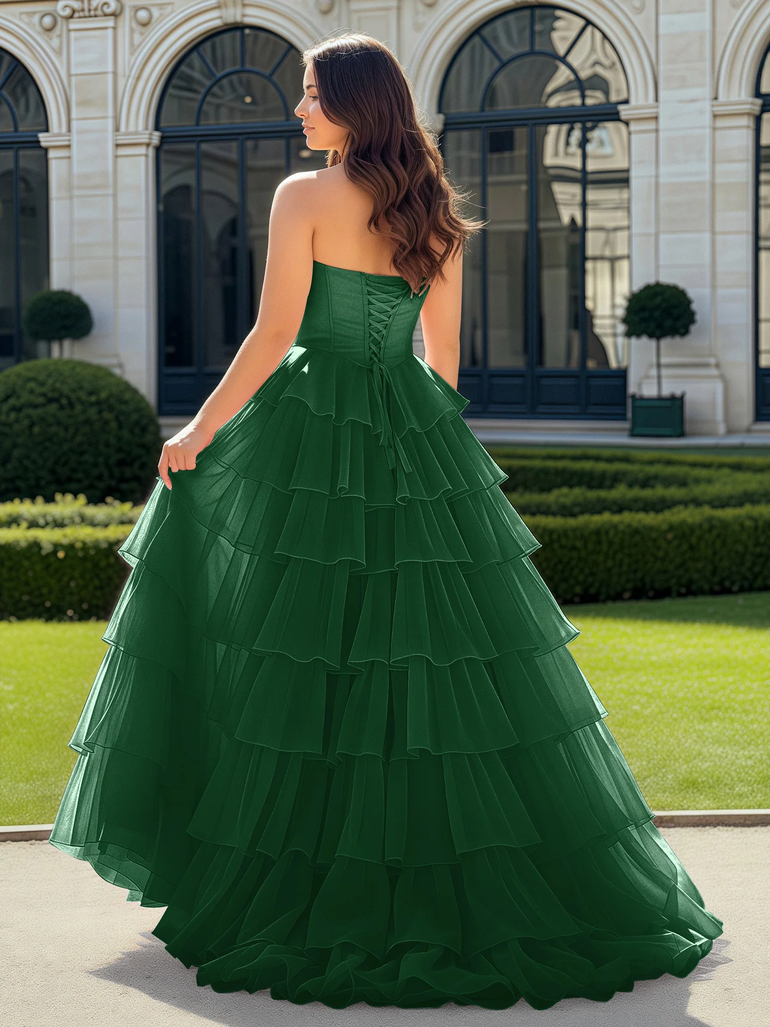 A-Line Beaded Sweetheart Neck Tiered Chiffon Dress Dark Green - Image 2