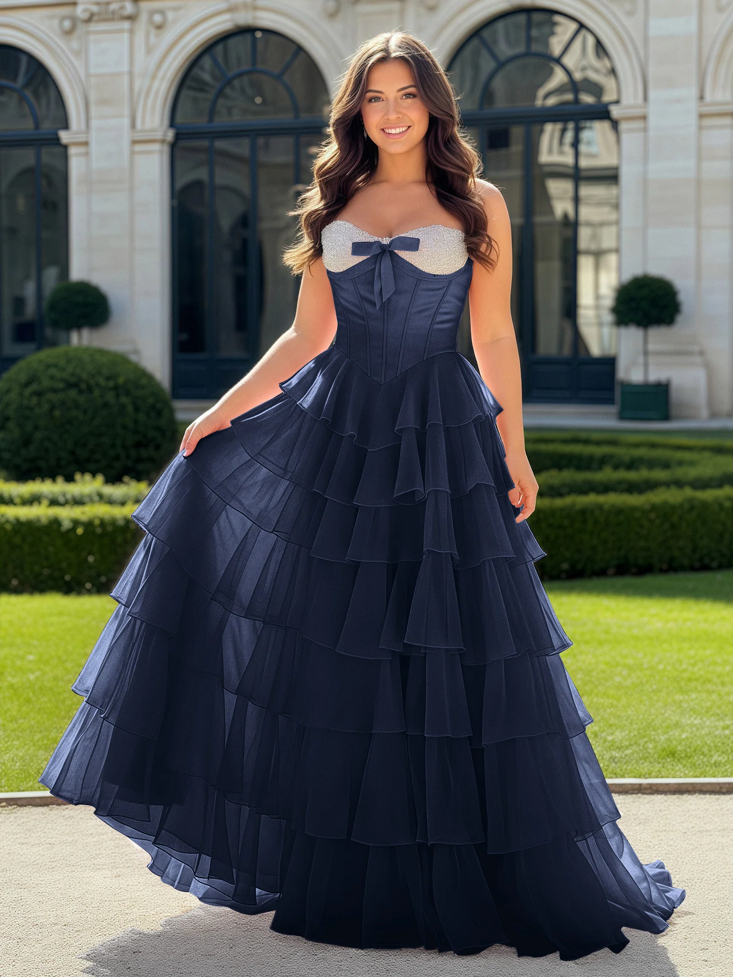 A-Line Beaded Sweetheart Neck Tiered Chiffon Dress Dark Navy