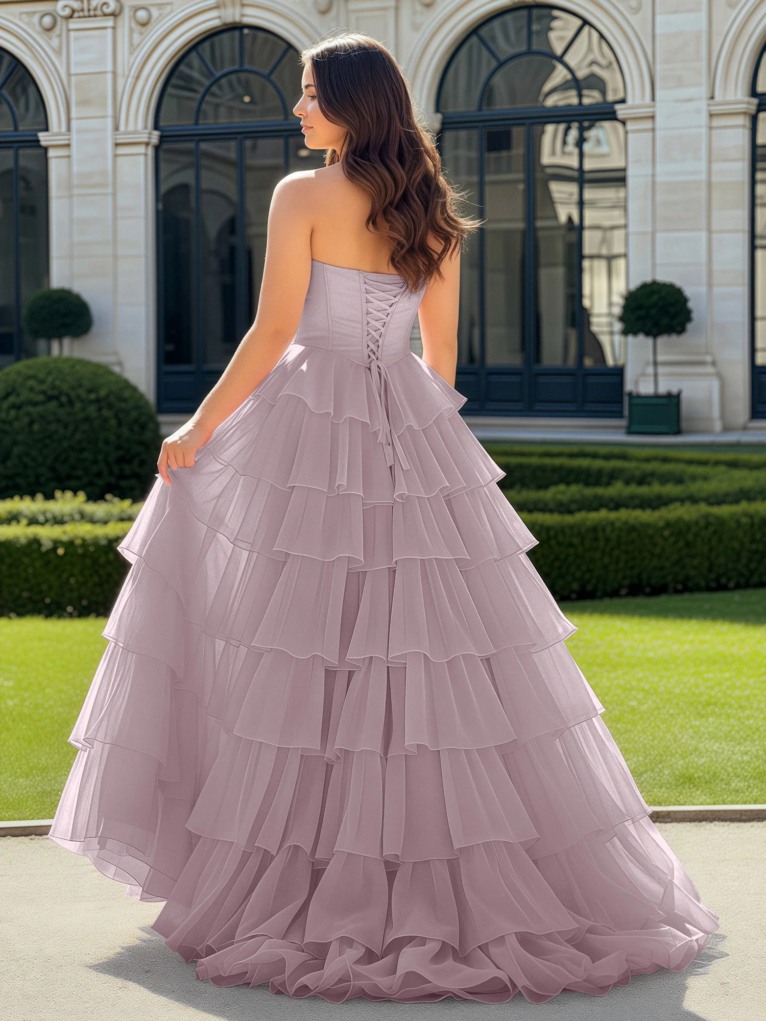 A-Line Beaded Sweetheart Neck Tiered Chiffon Dress Dusk - Image 2
