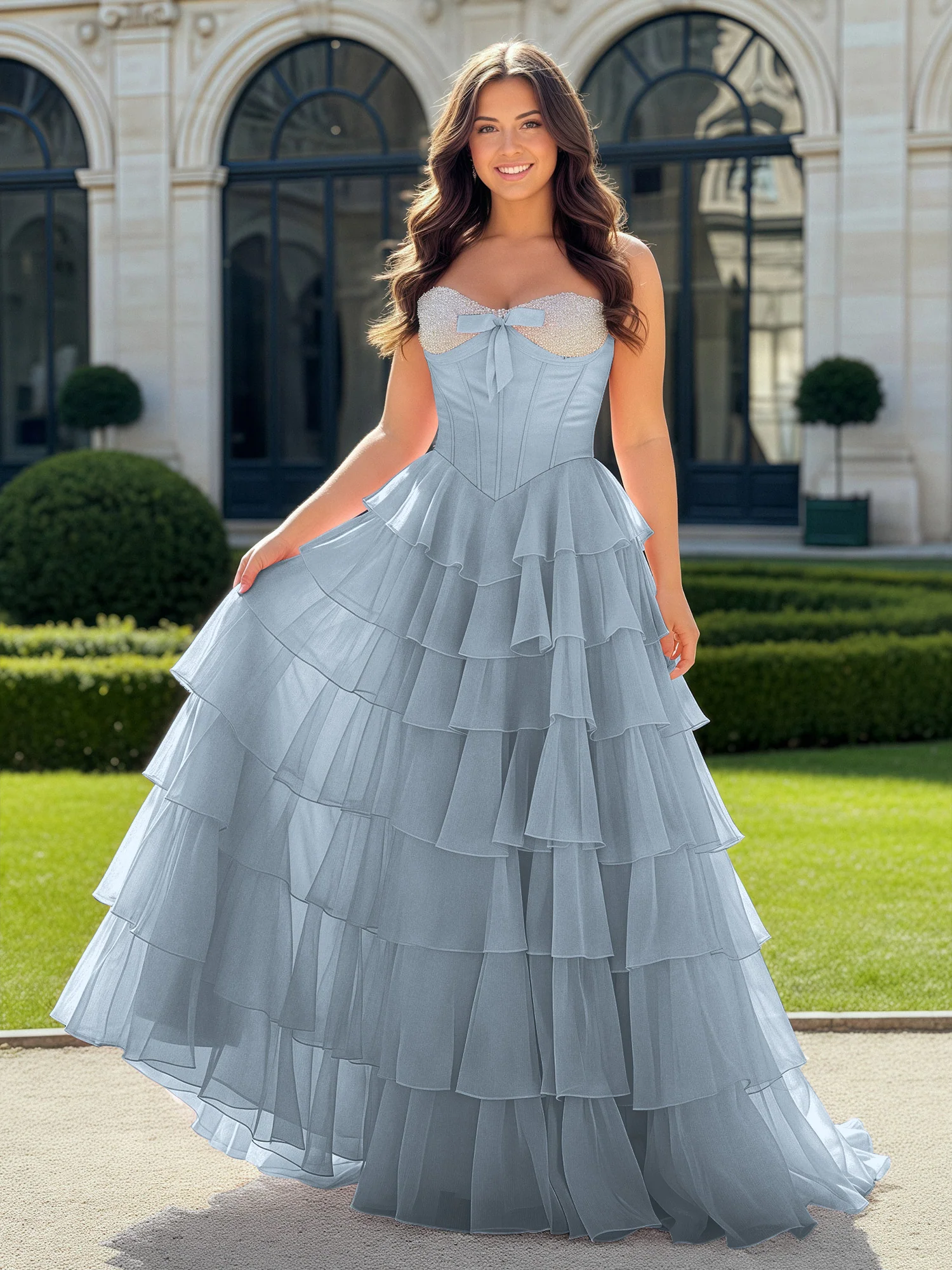 A-Line Beaded Sweetheart Neck Tiered Chiffon Dress Dusty Blue