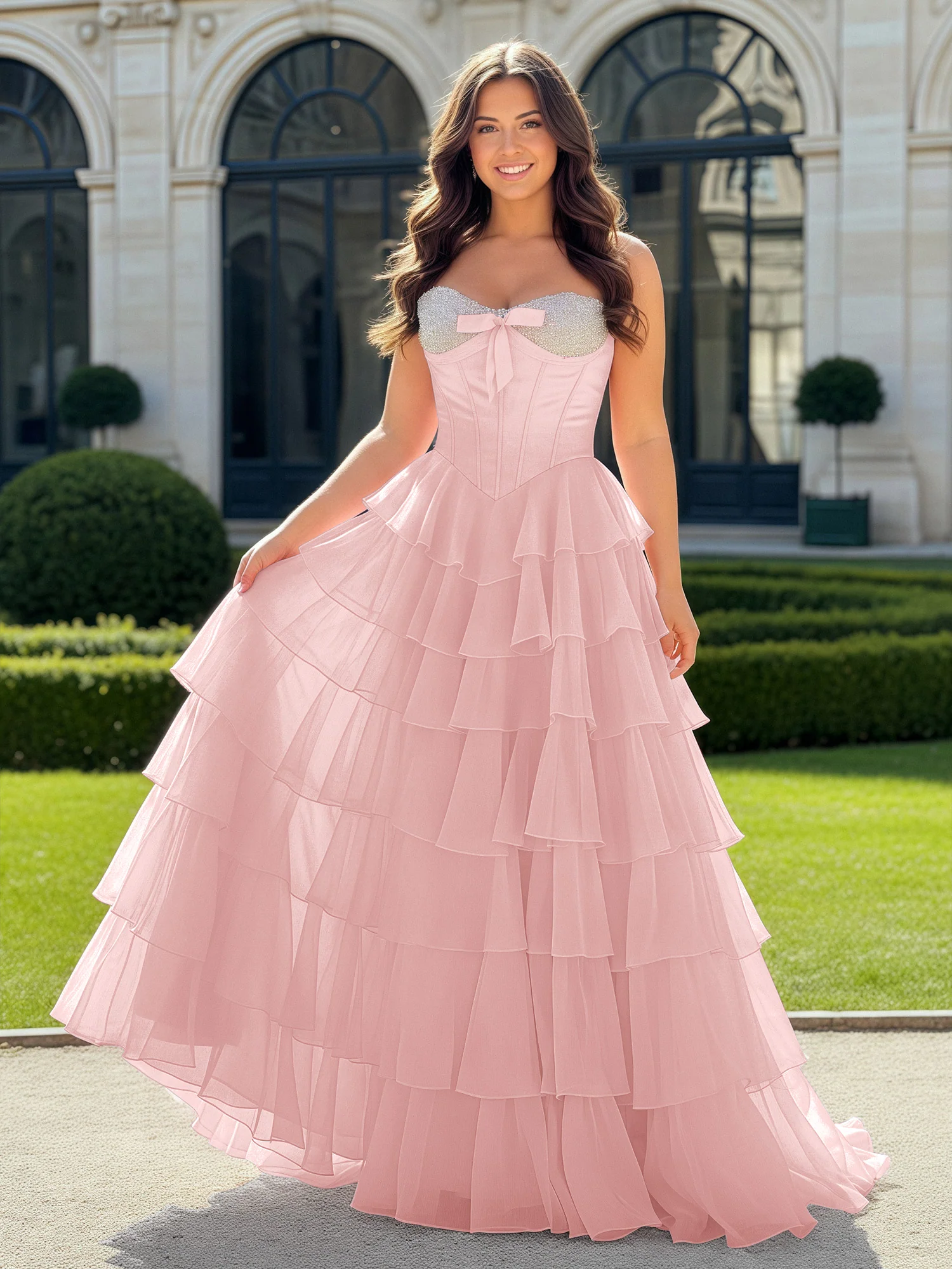 A-Line Beaded Sweetheart Neck Tiered Chiffon Dress Dusty Rose
