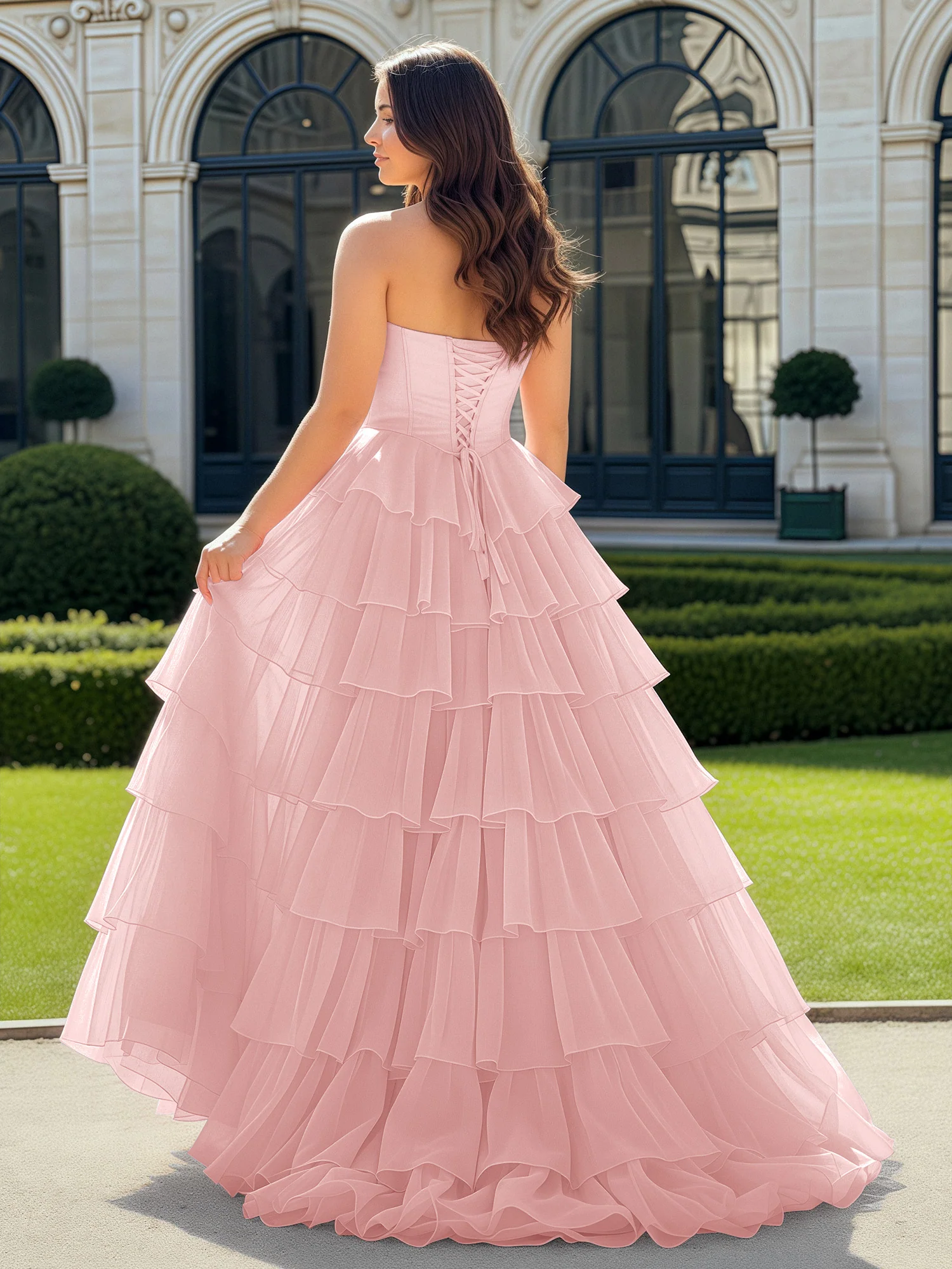 A-Line Beaded Sweetheart Neck Tiered Chiffon Dress Dusty Rose - Image 2