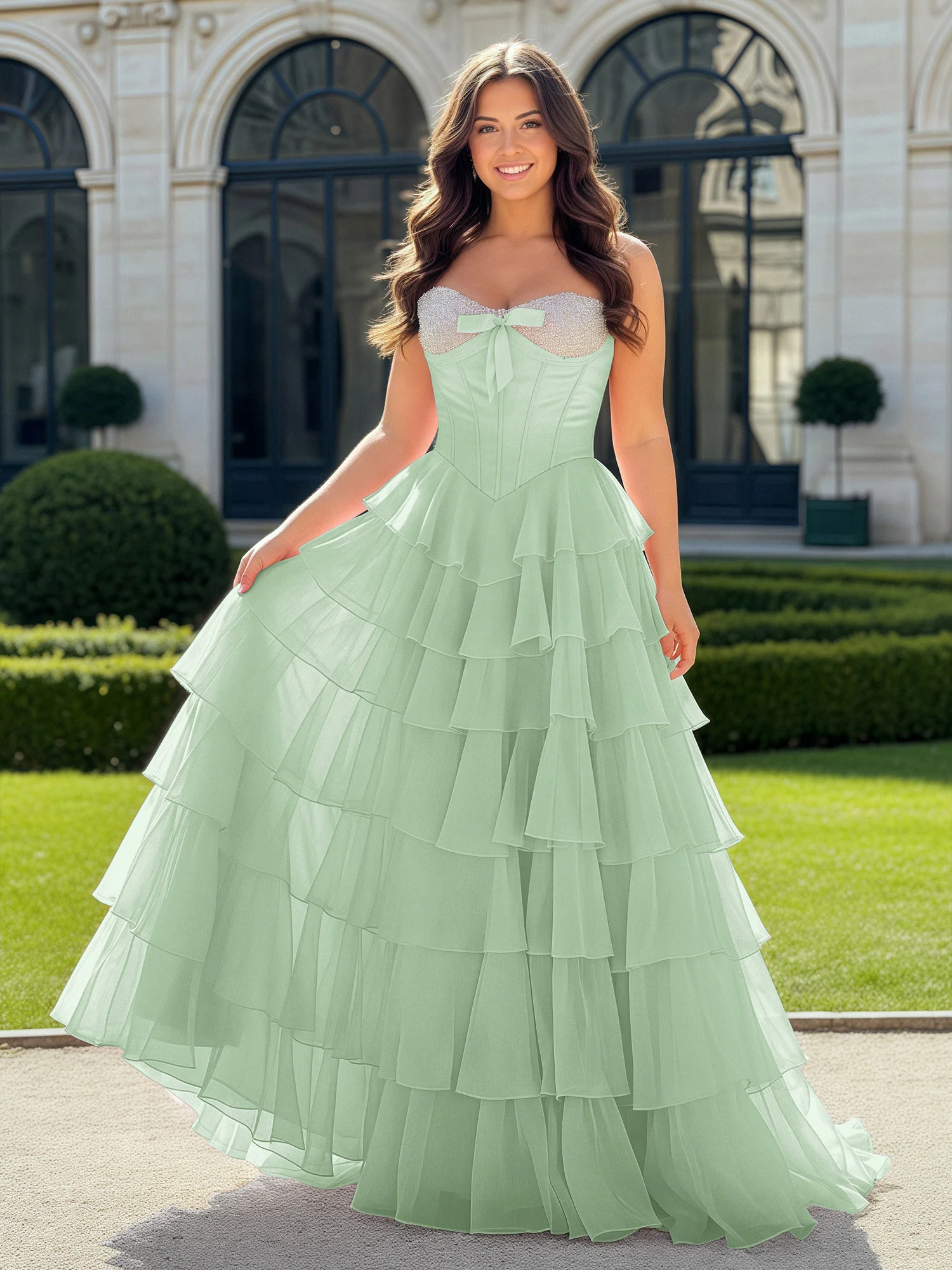 A-Line Beaded Sweetheart Neck Tiered Chiffon Dress Dusty Sage