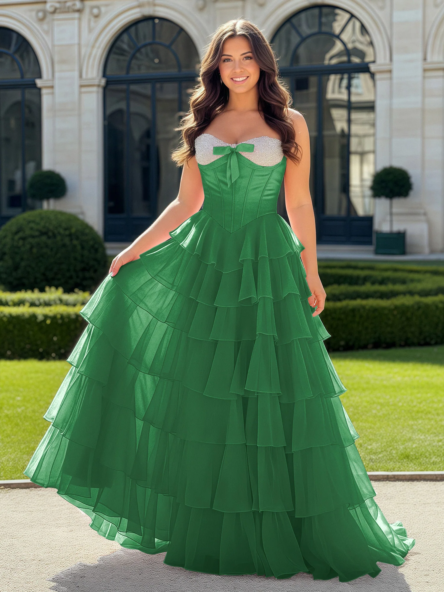 A-Line Beaded Sweetheart Neck Tiered Chiffon Dress Emerald