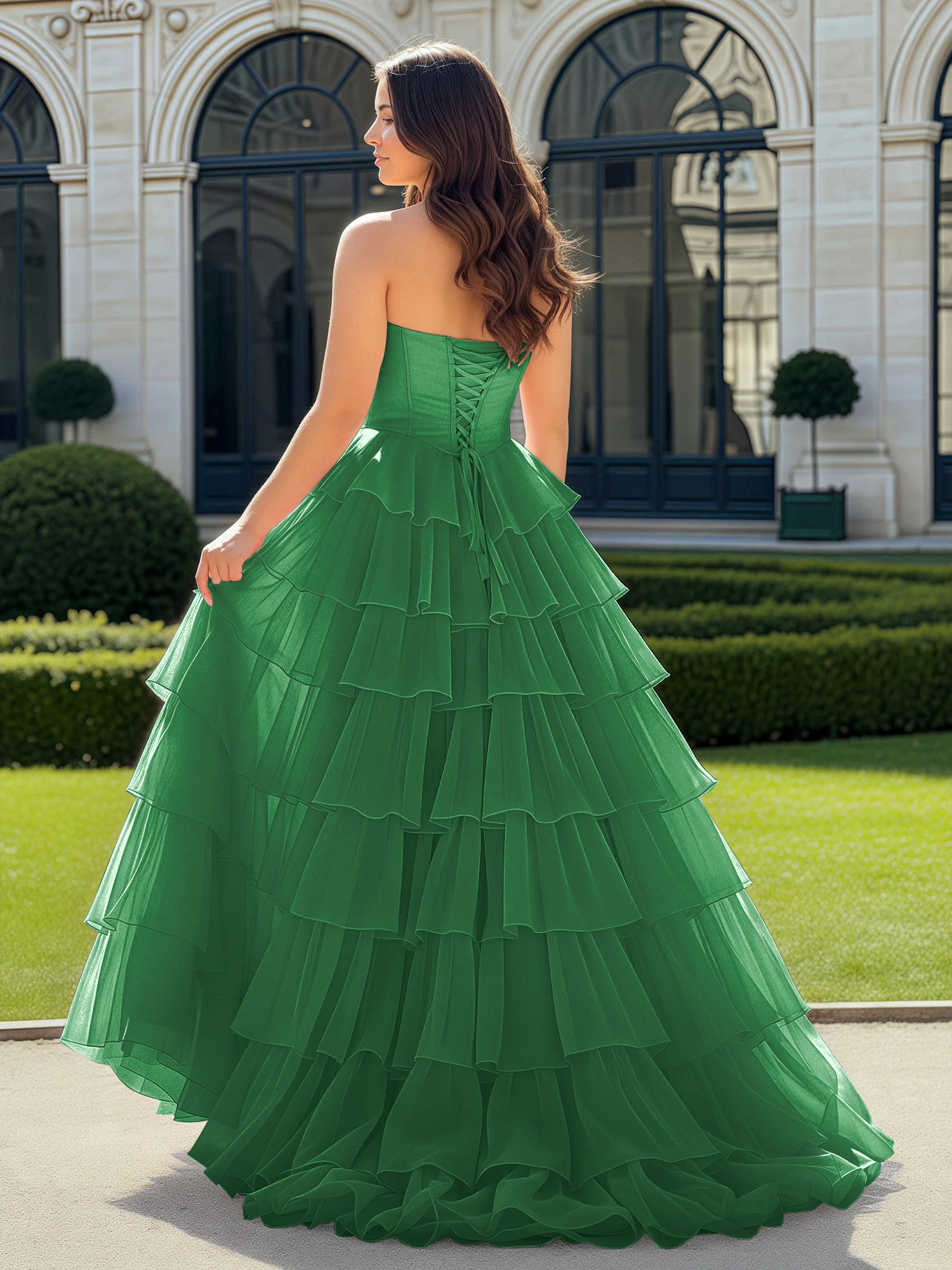 A-Line Beaded Sweetheart Neck Tiered Chiffon Dress Emerald - Image 2