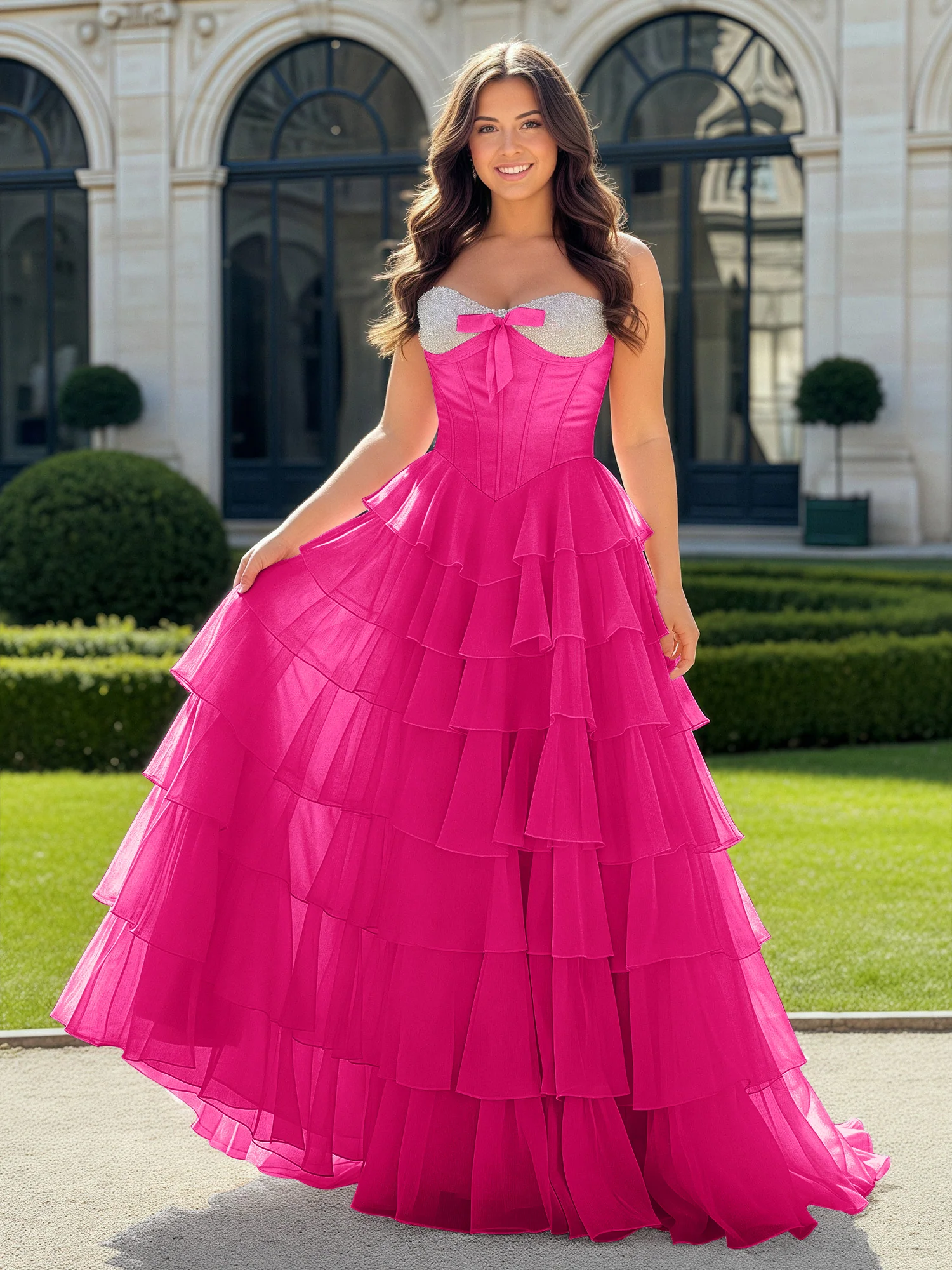 A-Line Beaded Sweetheart Neck Tiered Chiffon Dress Fuchsia