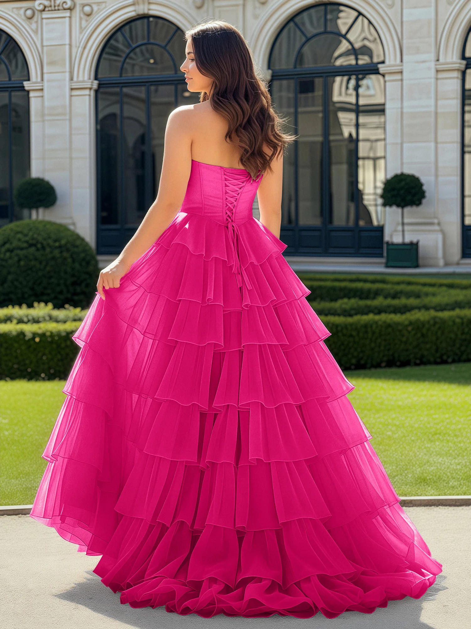 A-Line Beaded Sweetheart Neck Tiered Chiffon Dress Fuchsia - Image 2