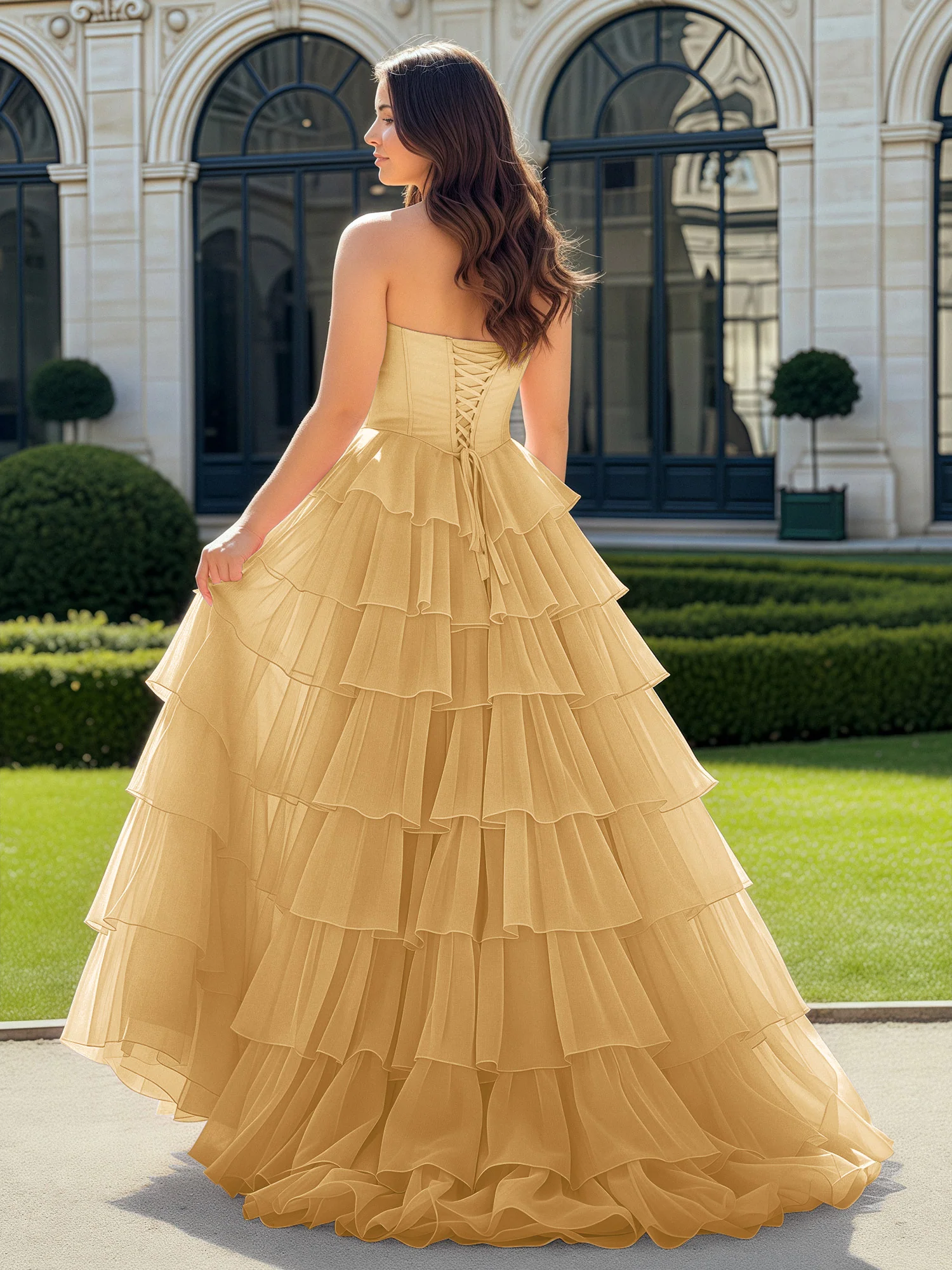 A-Line Beaded Sweetheart Neck Tiered Chiffon Dress Gold - Image 2