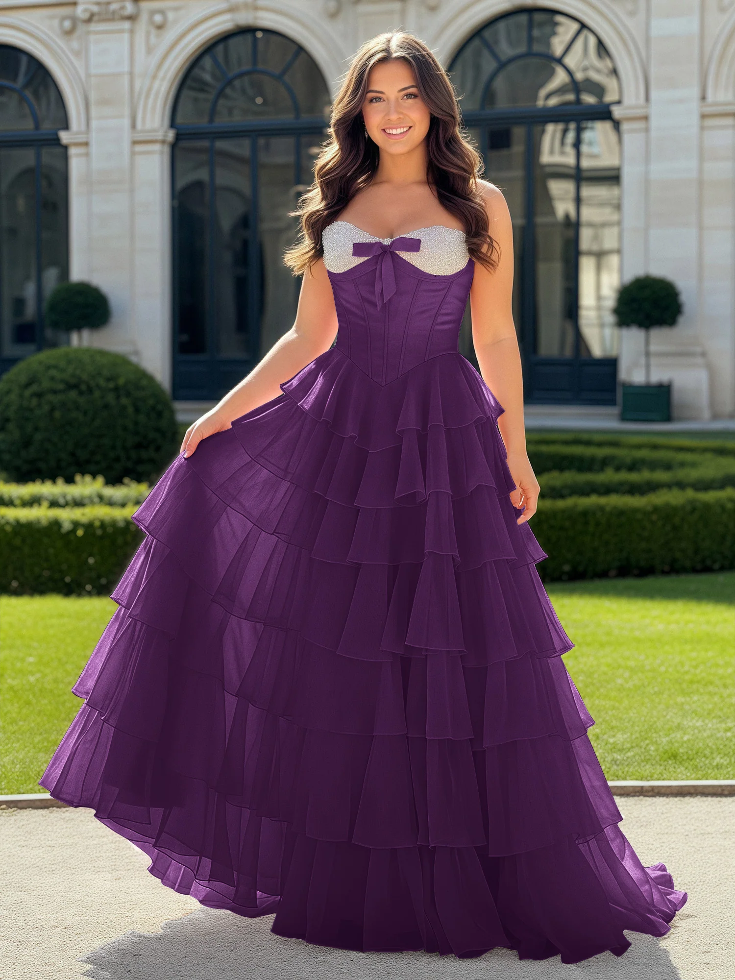 A-Line Beaded Sweetheart Neck Tiered Chiffon Dress Grape