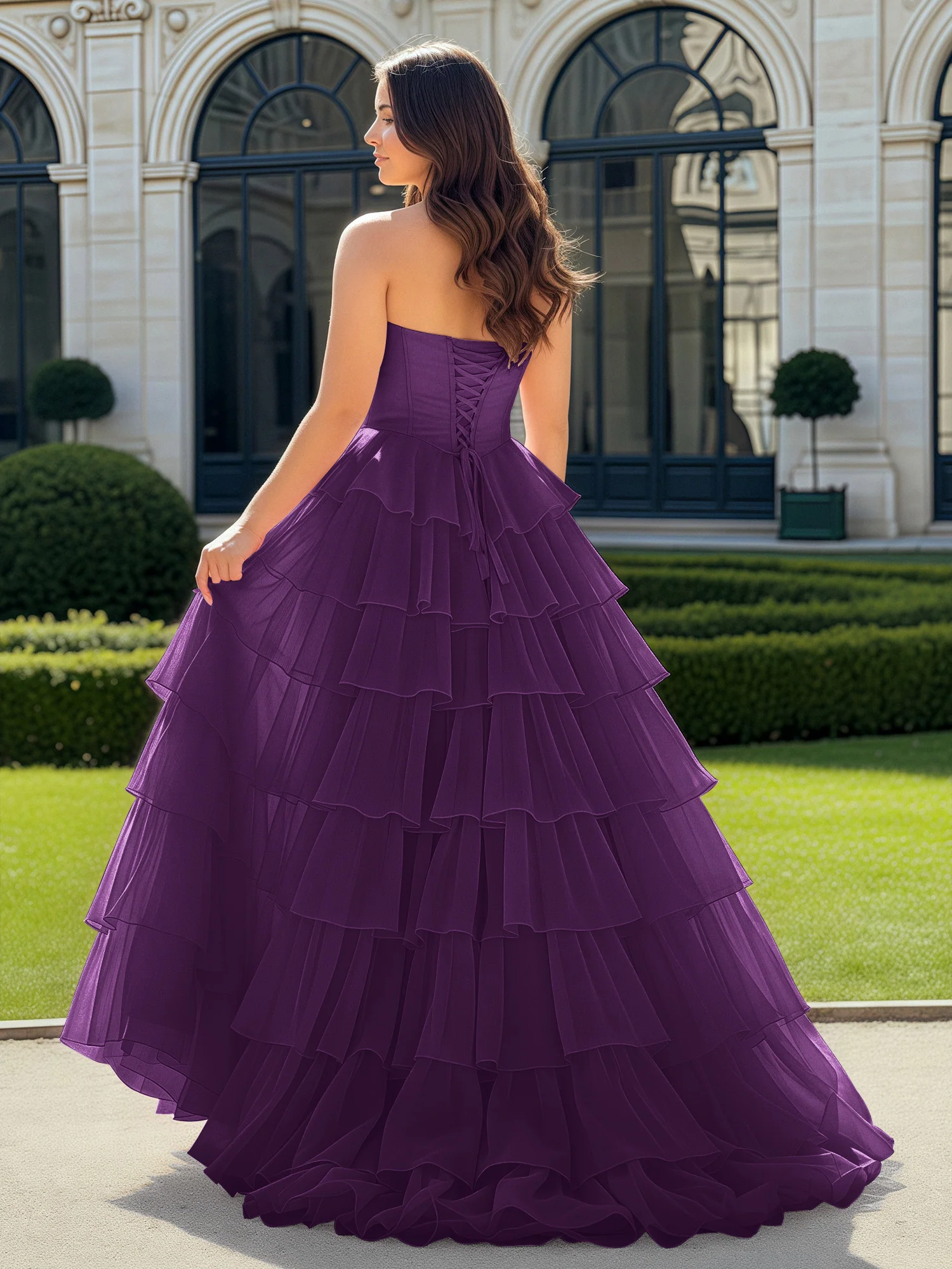 A-Line Beaded Sweetheart Neck Tiered Chiffon Dress Grape - Image 2