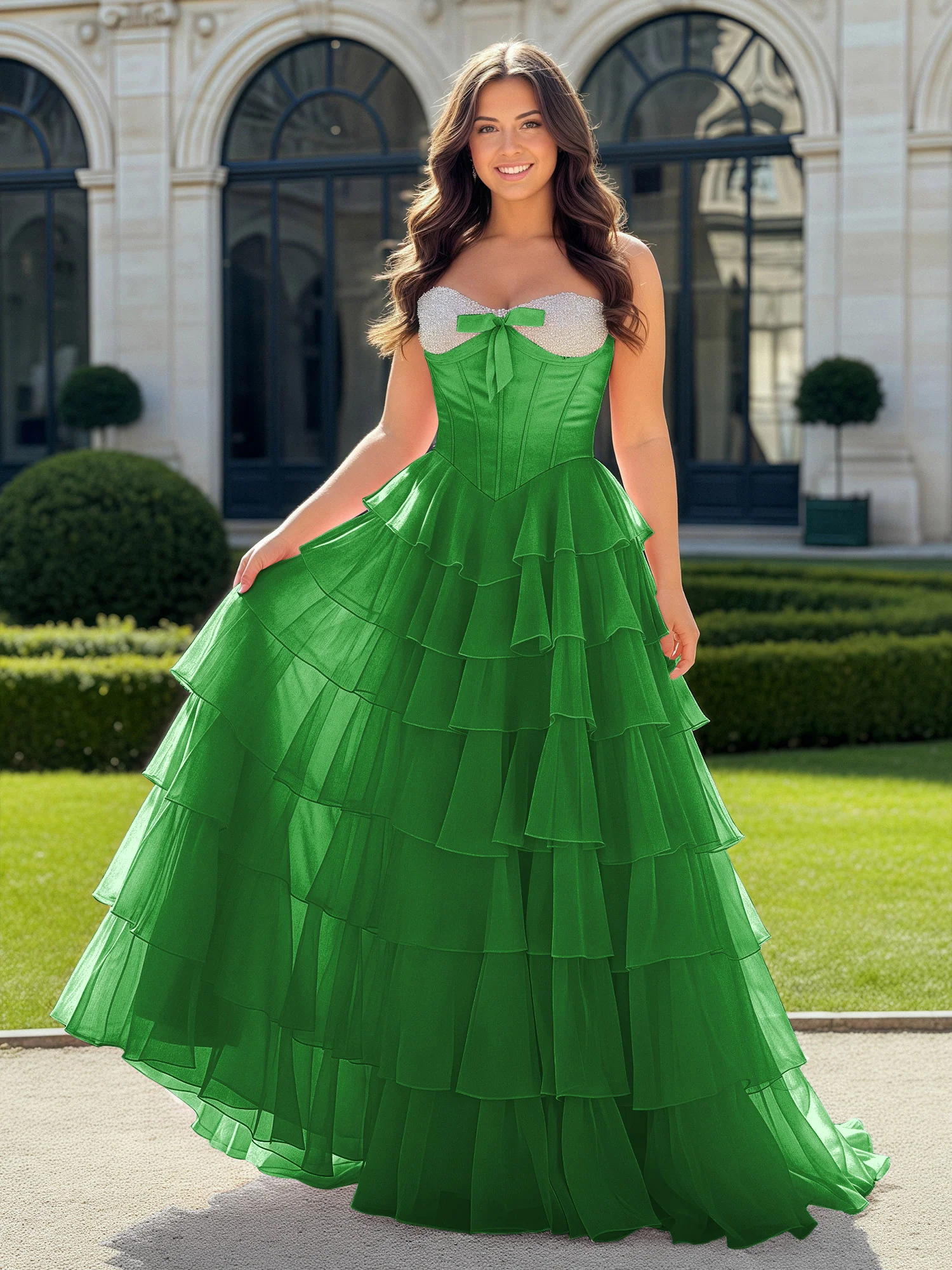 A-Line Beaded Sweetheart Neck Tiered Chiffon Dress Green