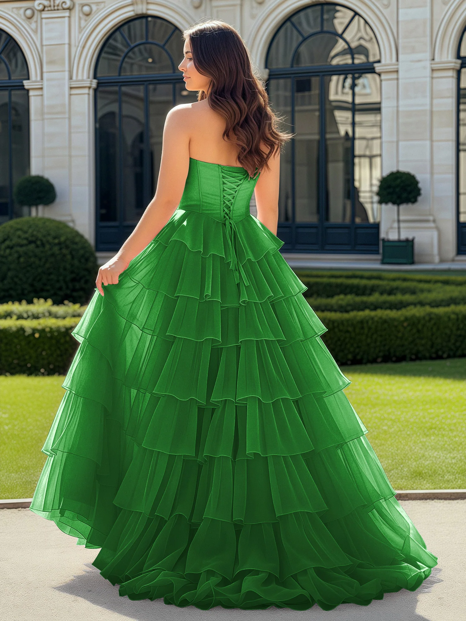 A-Line Beaded Sweetheart Neck Tiered Chiffon Dress Green - Image 2