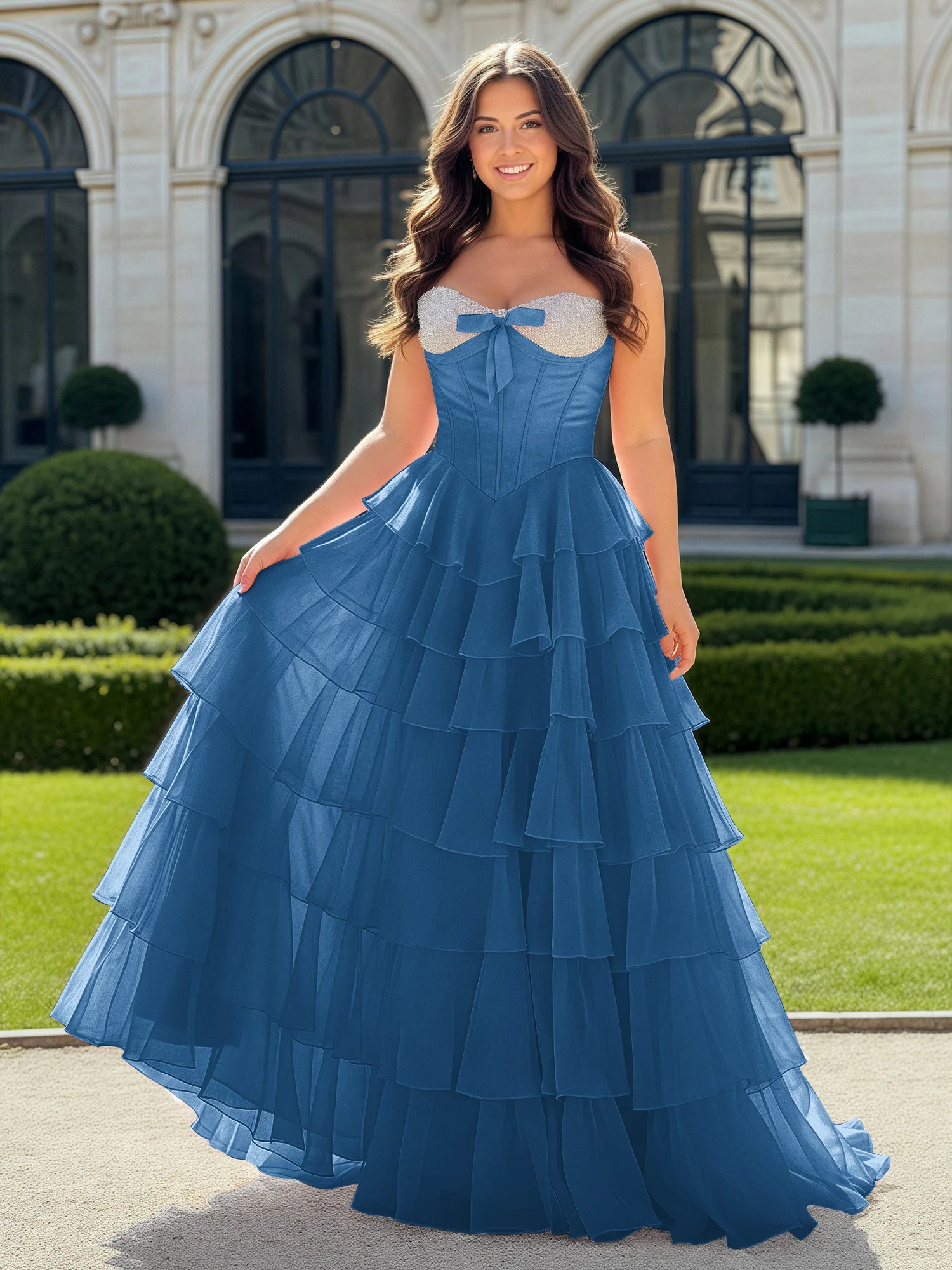 A-Line Beaded Sweetheart Neck Tiered Chiffon Dress Ink Blue