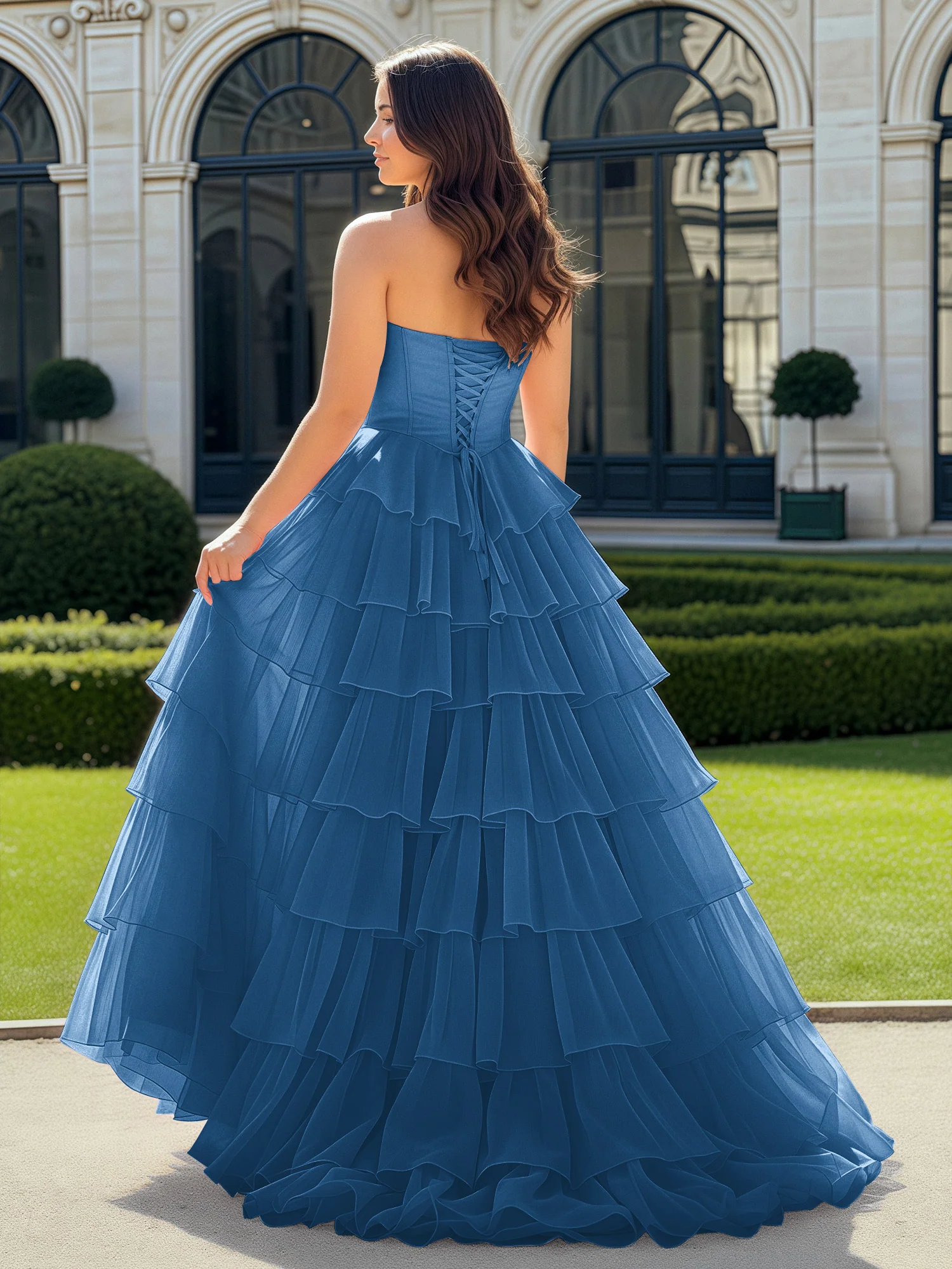 A-Line Beaded Sweetheart Neck Tiered Chiffon Dress Ink Blue - Image 2
