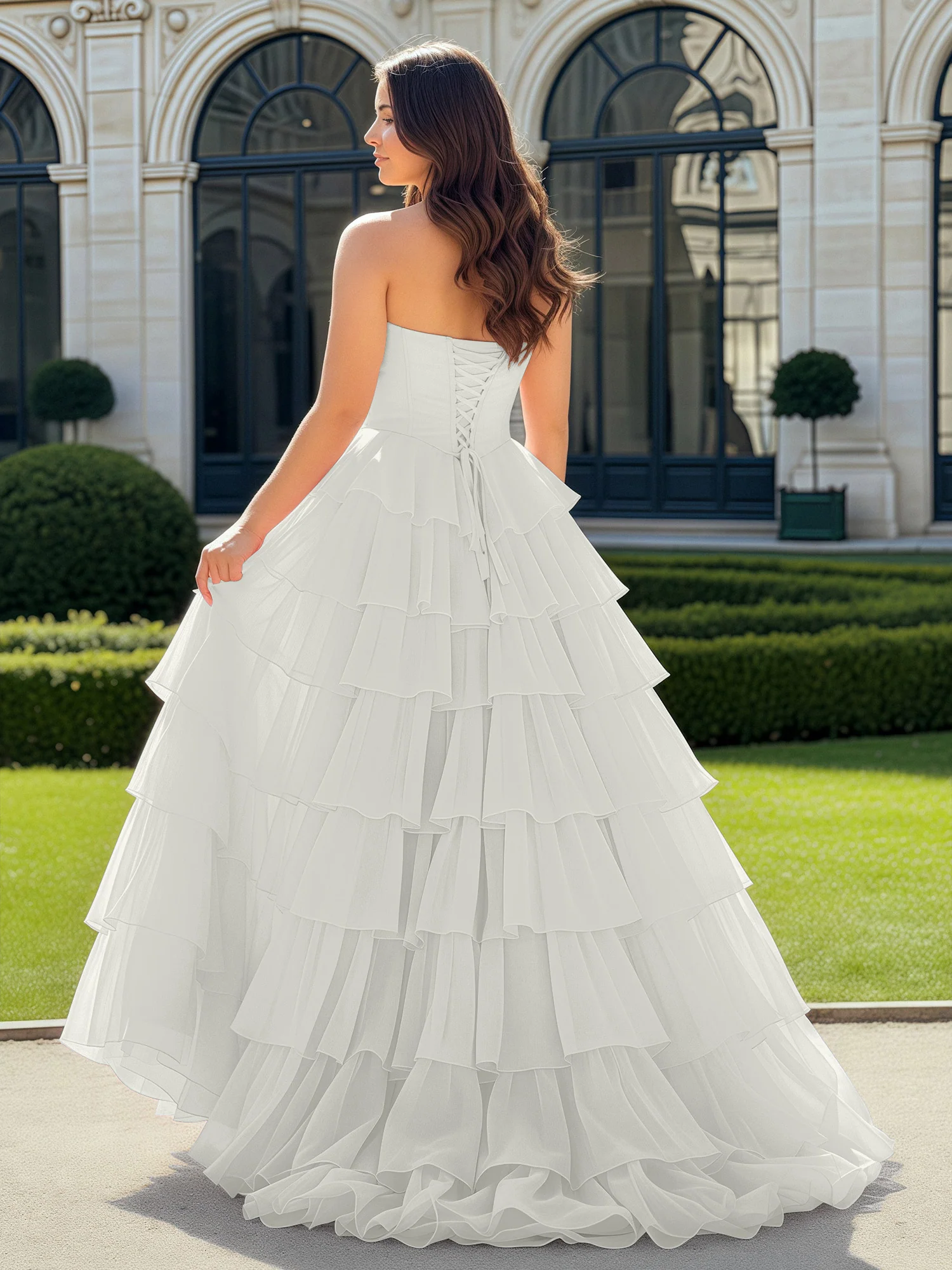 A-Line Beaded Sweetheart Neck Tiered Chiffon Dress Ivory - Image 2