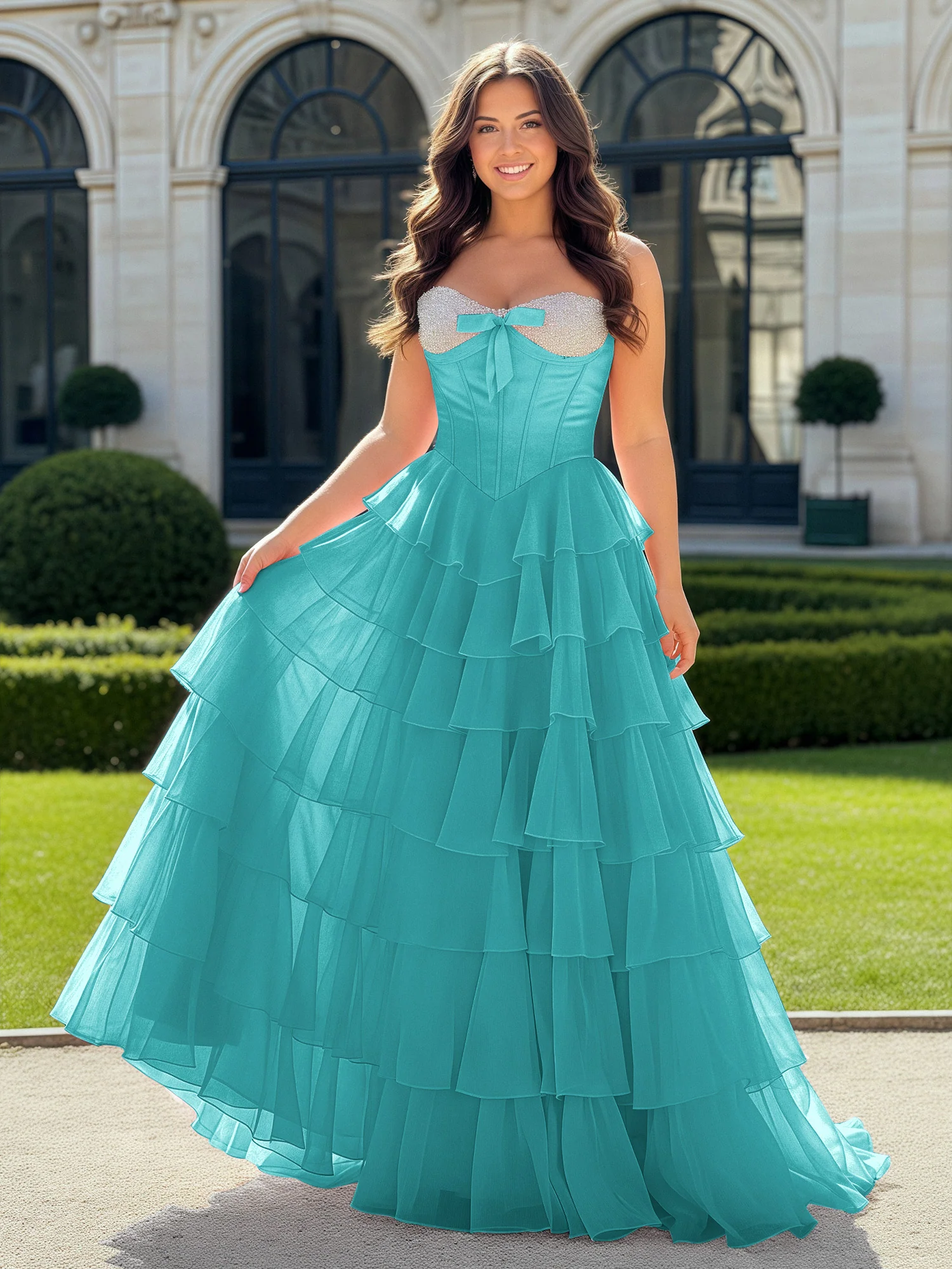 A-Line Beaded Sweetheart Neck Tiered Chiffon Dress Jade