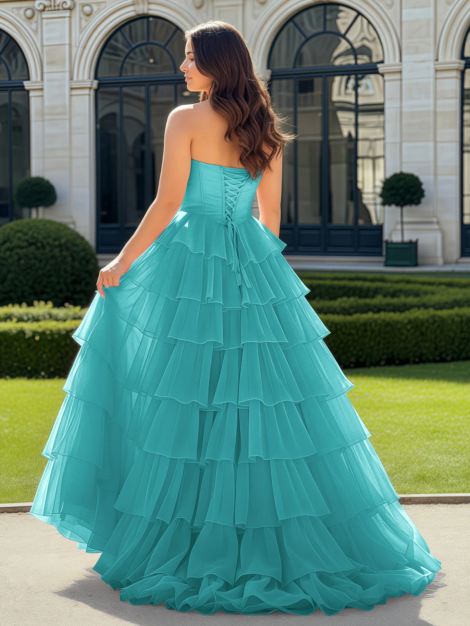 A-Line Beaded Sweetheart Neck Tiered Chiffon Dress Jade - Image 2