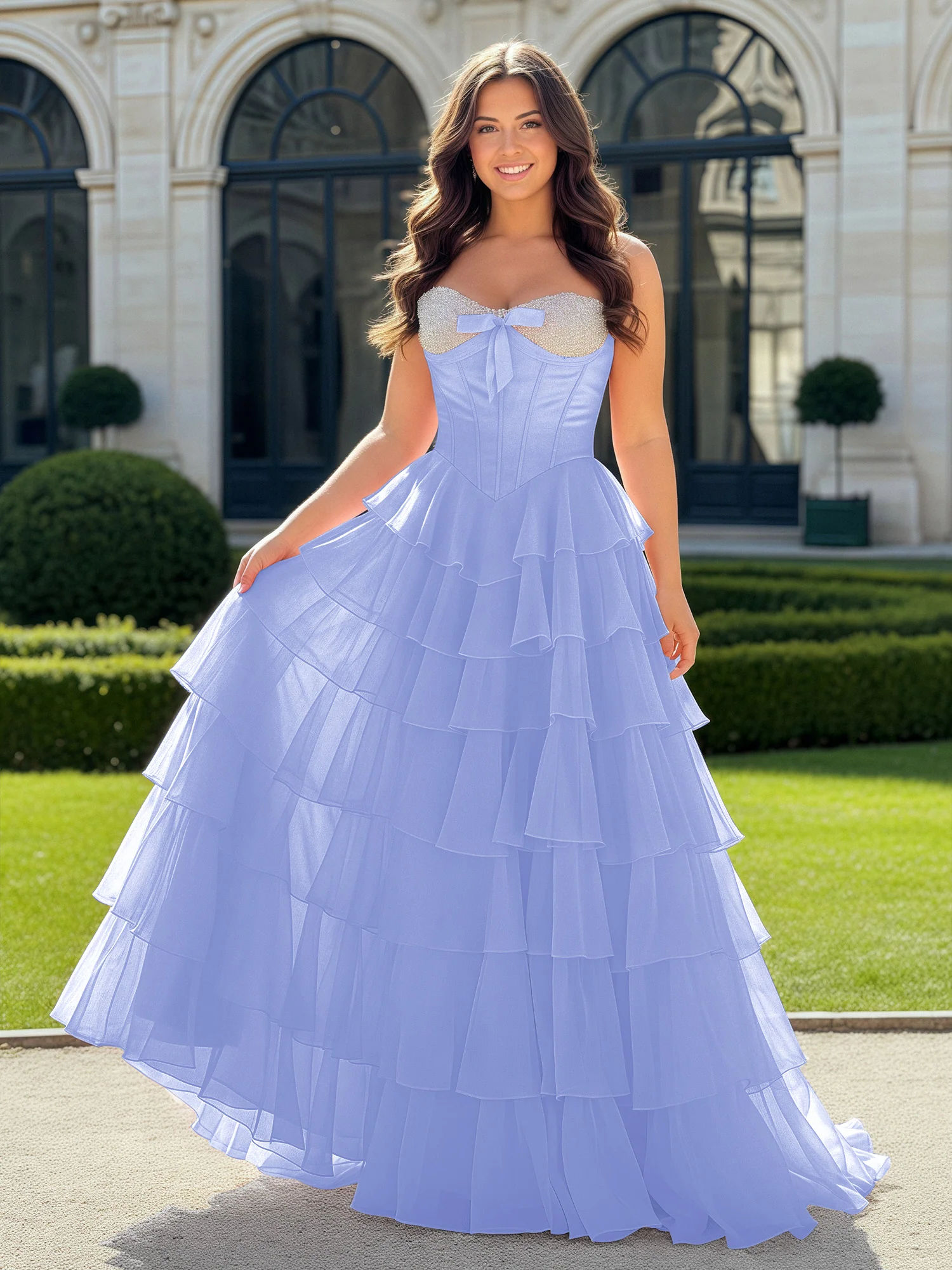 A-Line Beaded Sweetheart Neck Tiered Chiffon Dress Lavender