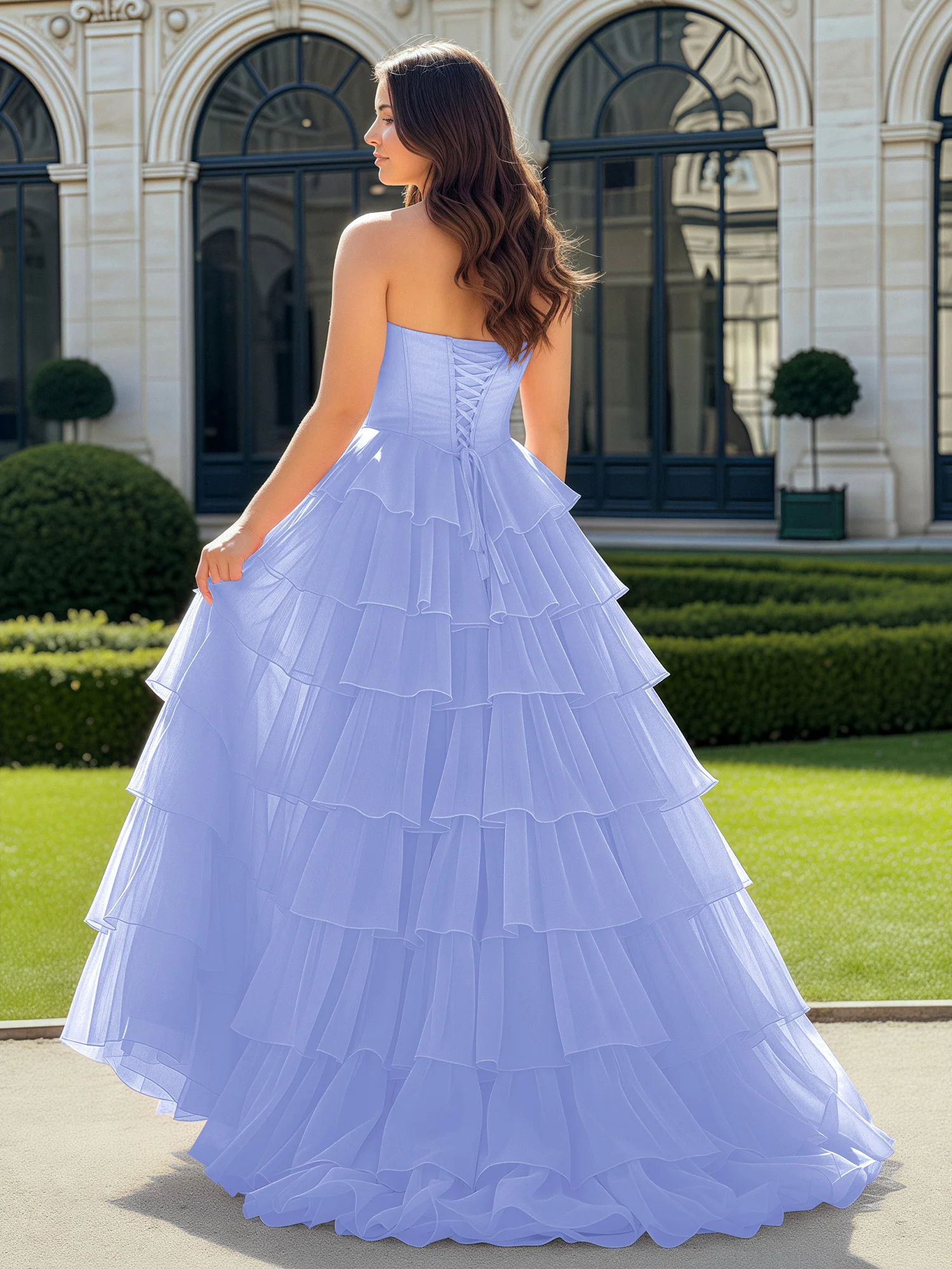 A-Line Beaded Sweetheart Neck Tiered Chiffon Dress Lavender - Image 2