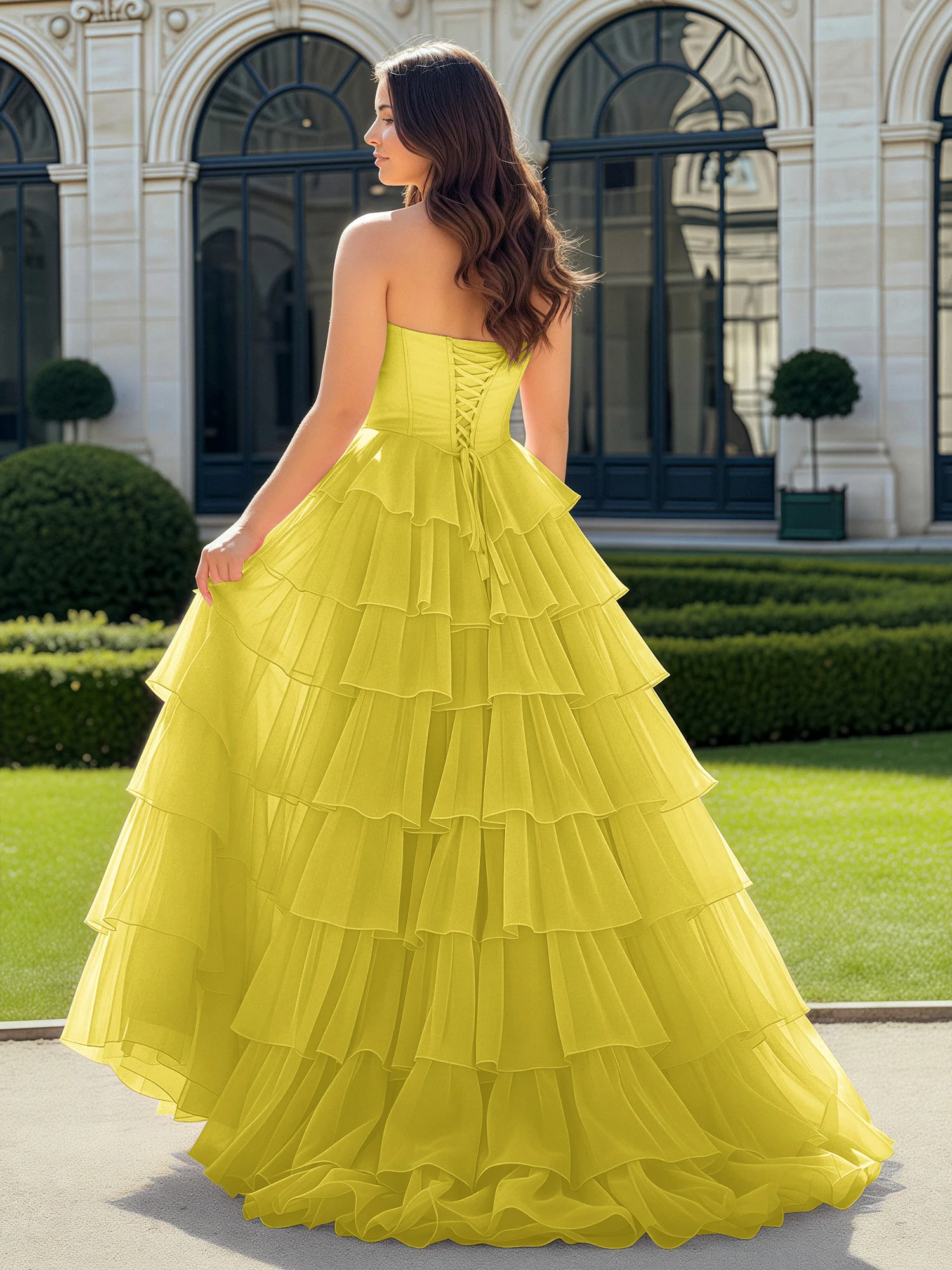 A-Line Beaded Sweetheart Neck Tiered Chiffon Dress Lemon - Image 2