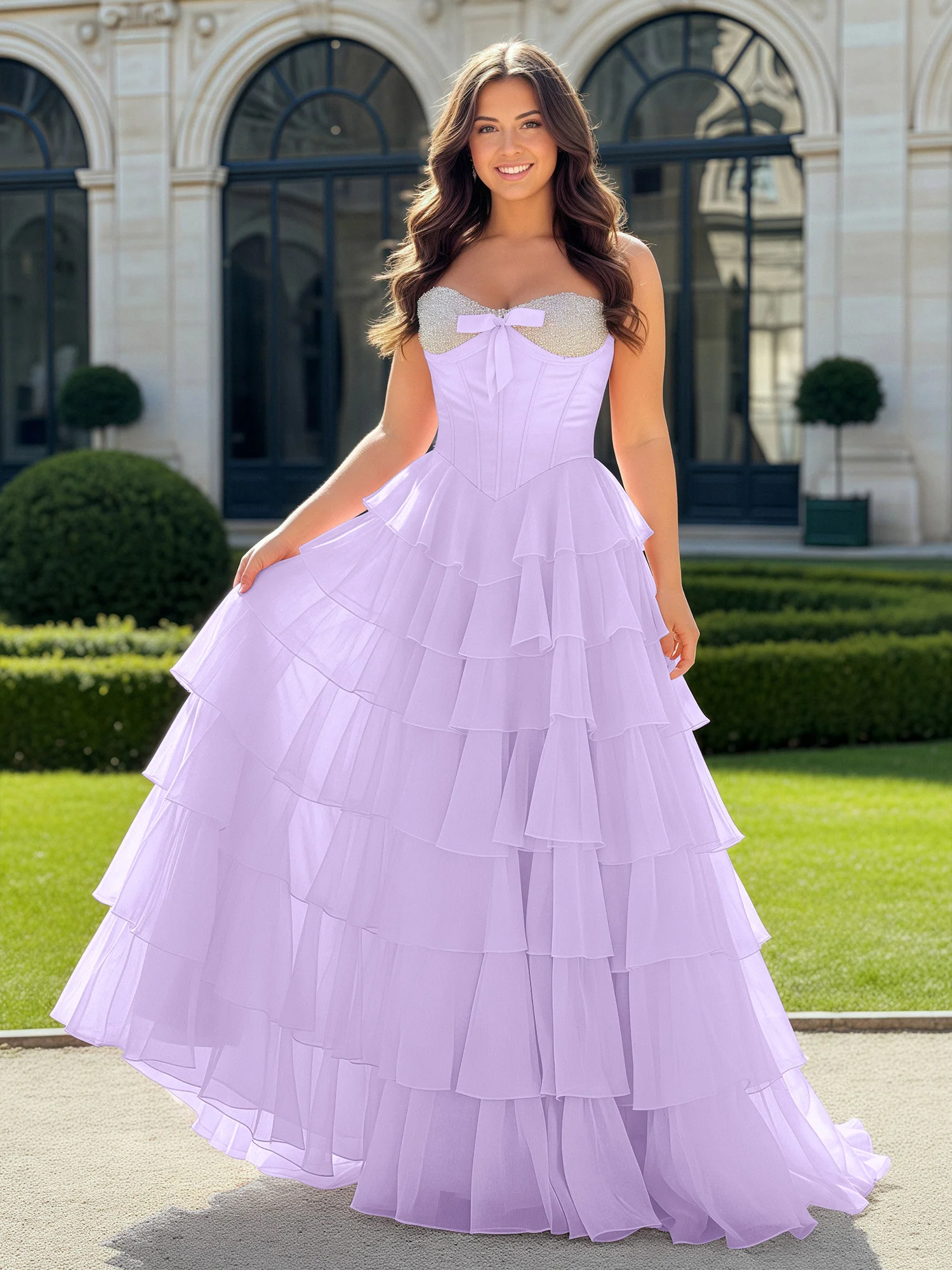 A-Line Beaded Sweetheart Neck Tiered Chiffon Dress Lilac