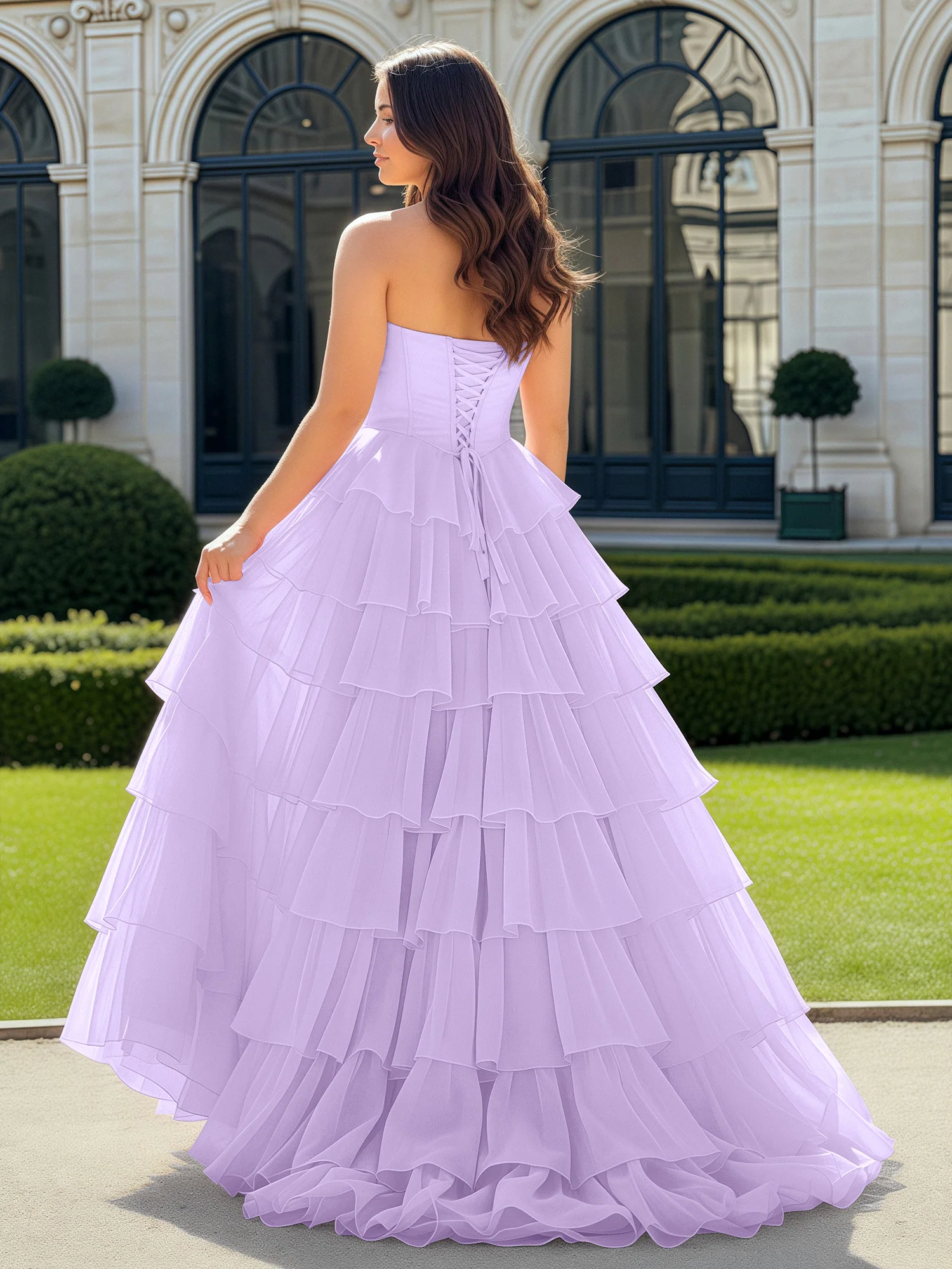 A-Line Beaded Sweetheart Neck Tiered Chiffon Dress Lilac - Image 2