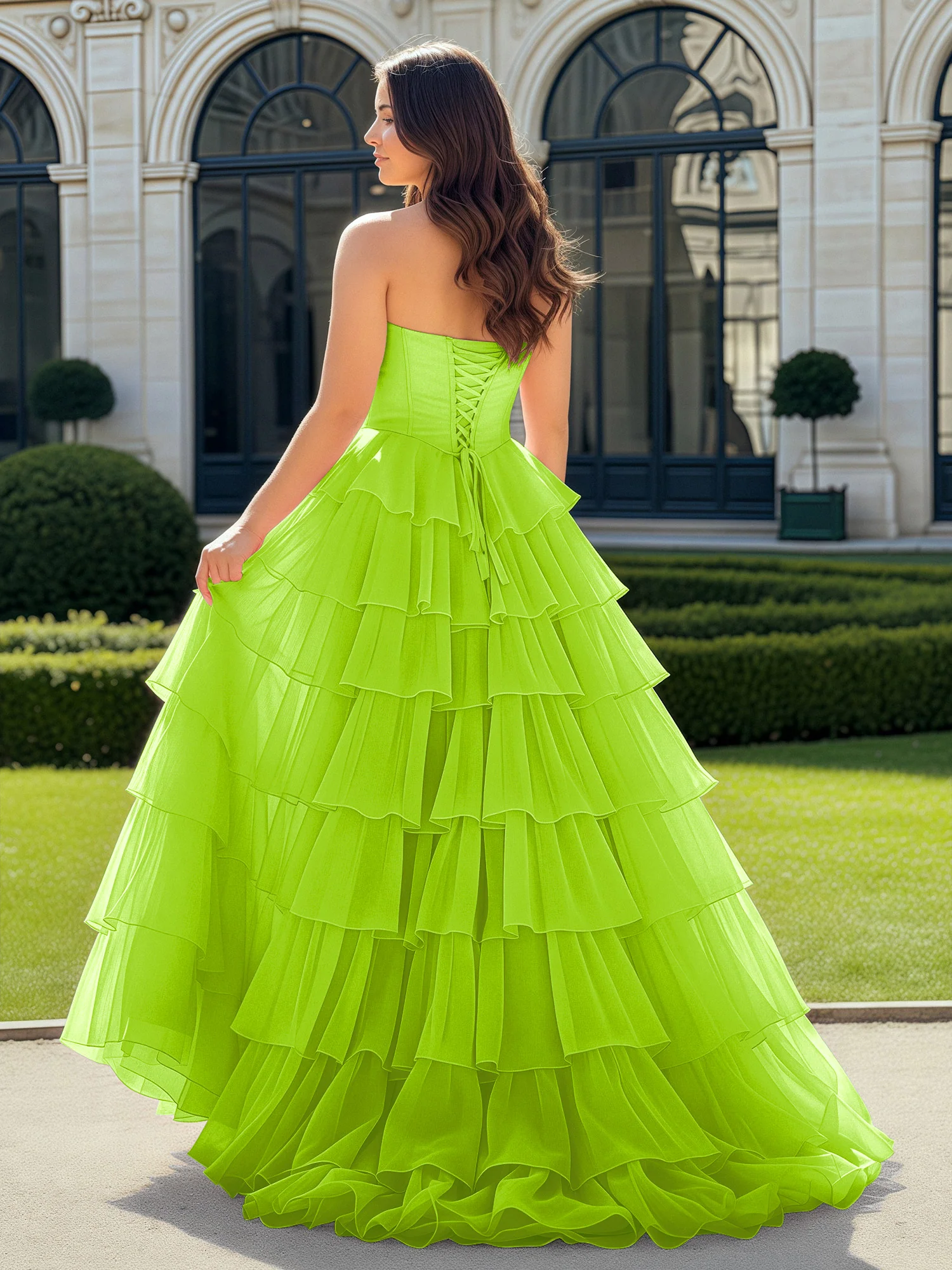 A-Line Beaded Sweetheart Neck Tiered Chiffon Dress Lime Green - Image 2