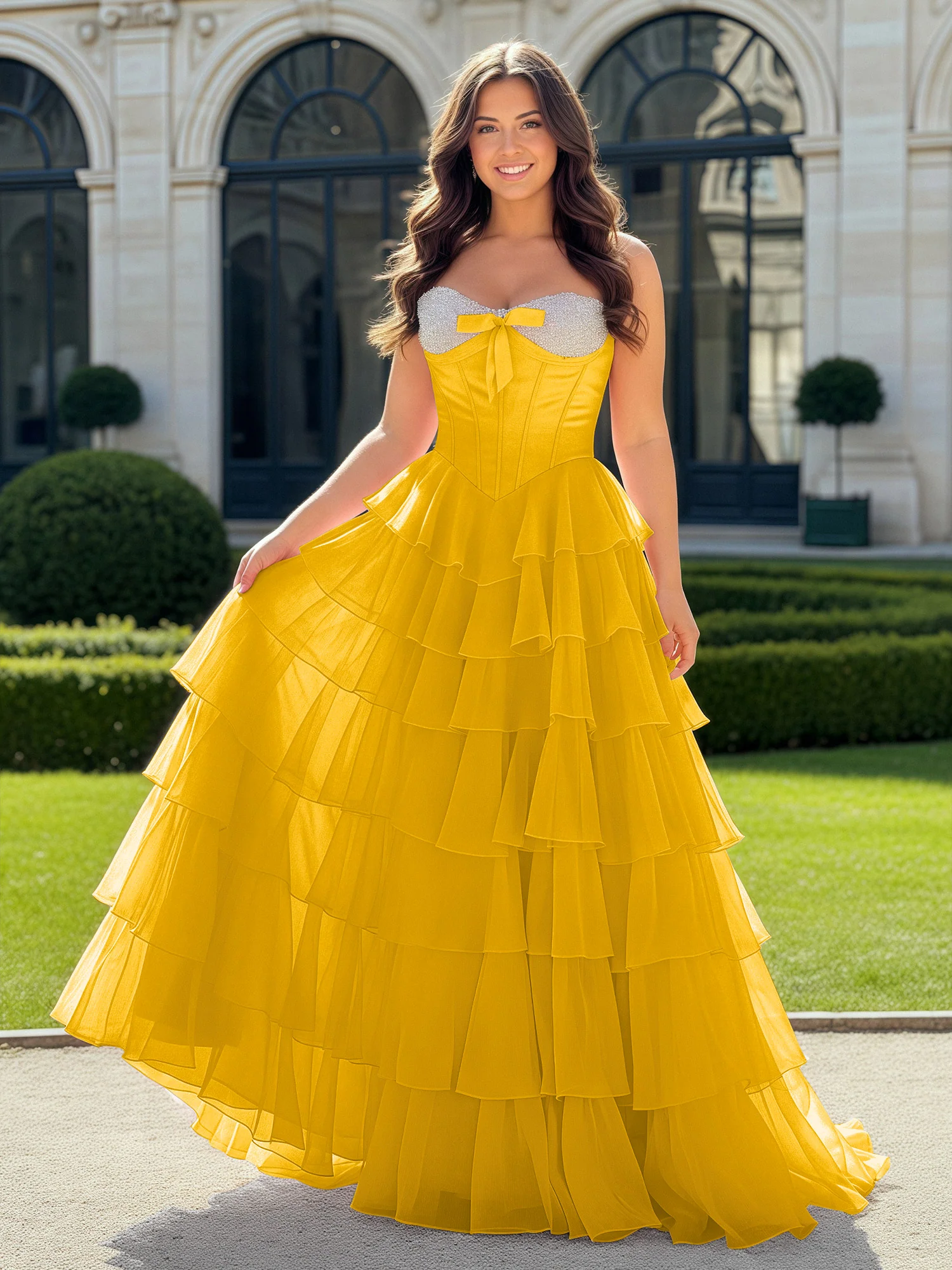 A-Line Beaded Sweetheart Neck Tiered Chiffon Dress Marigold