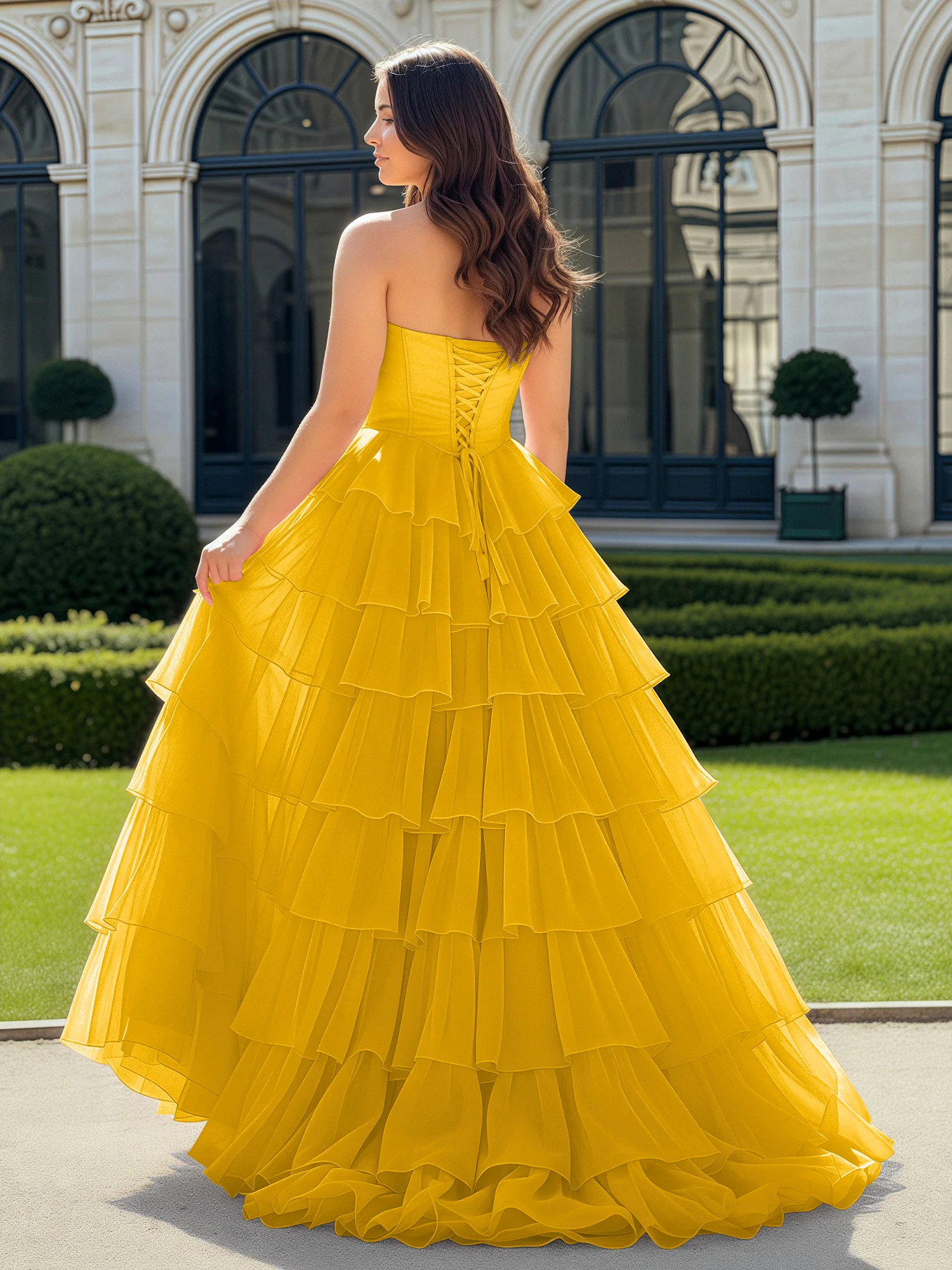 A-Line Beaded Sweetheart Neck Tiered Chiffon Dress Marigold - Image 2