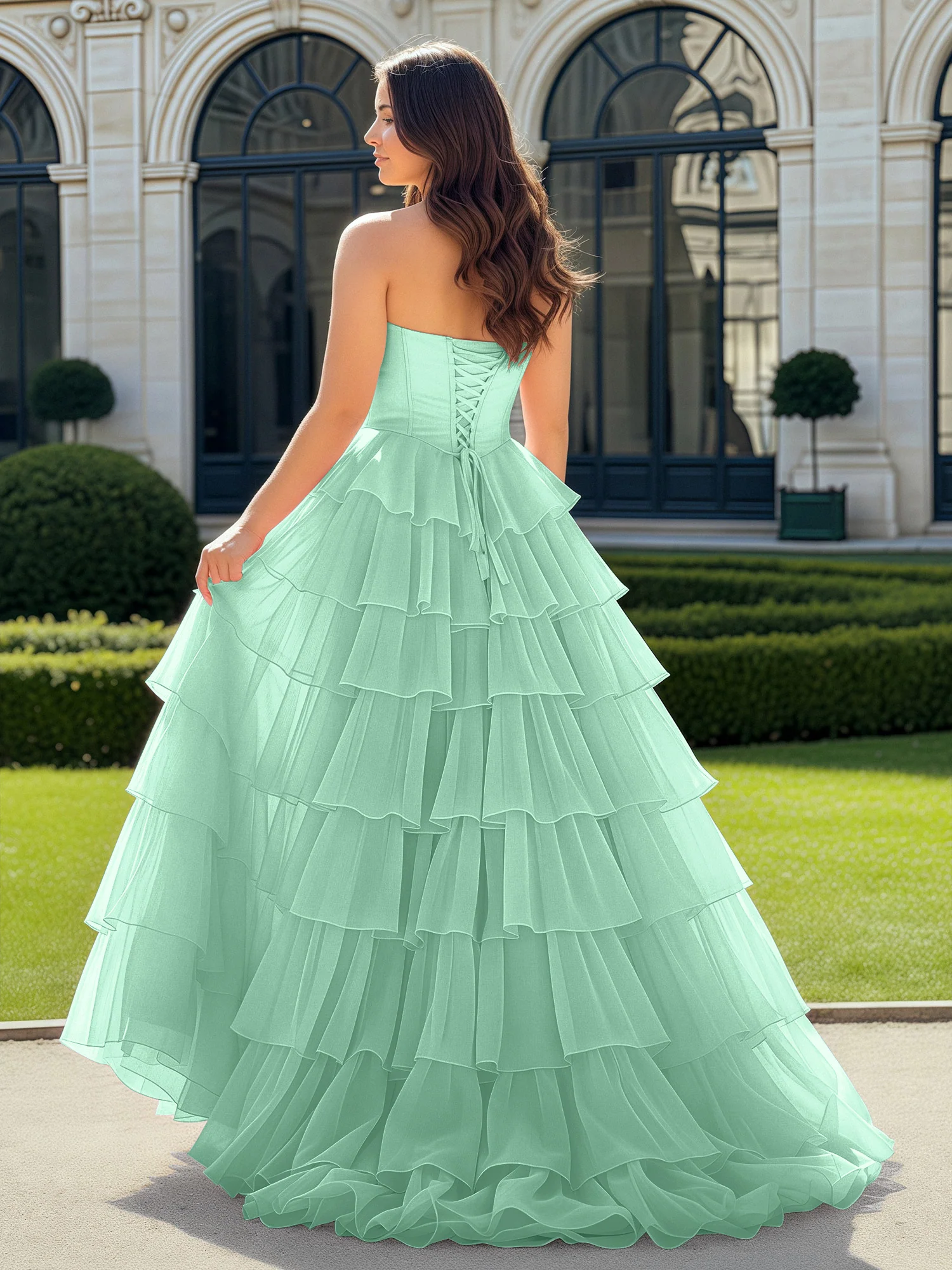A-Line Beaded Sweetheart Neck Tiered Chiffon Dress Mint Green - Image 2