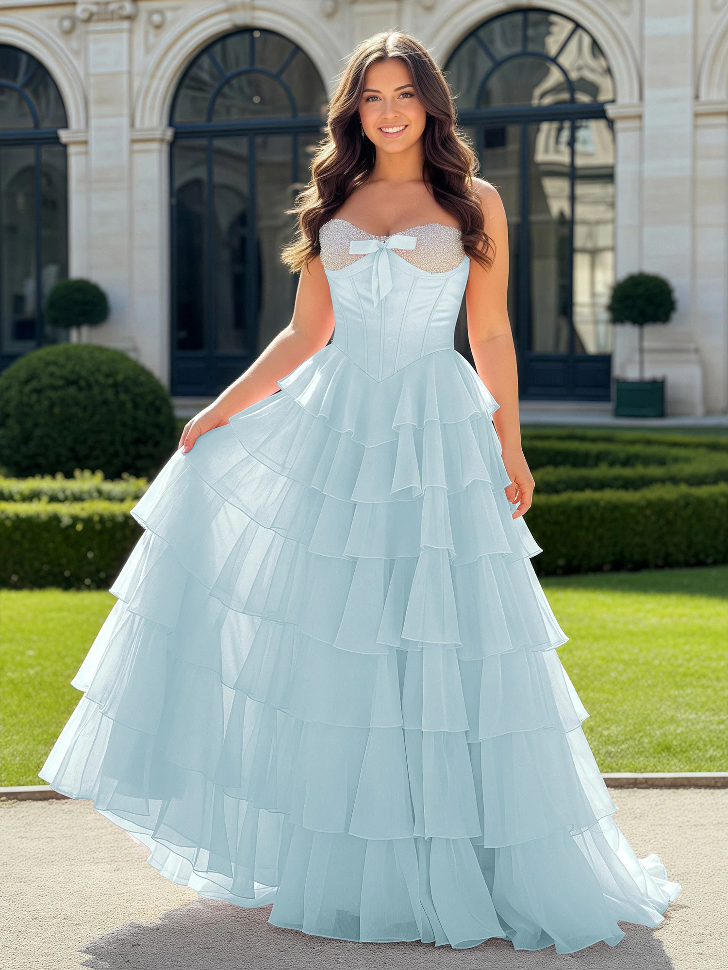 A-Line Beaded Sweetheart Neck Tiered Chiffon Dress Mist