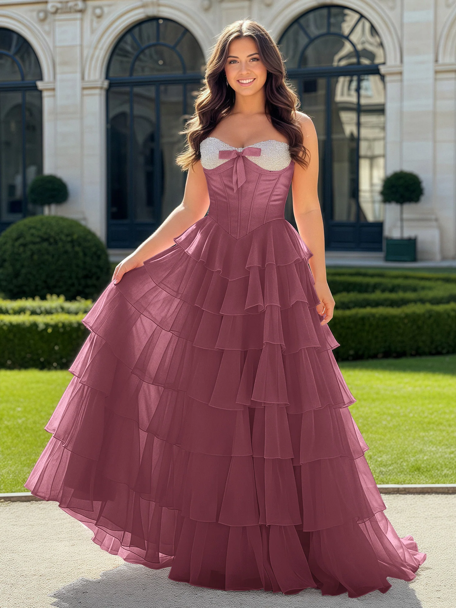 A-Line Beaded Sweetheart Neck Tiered Chiffon Dress Mulberry